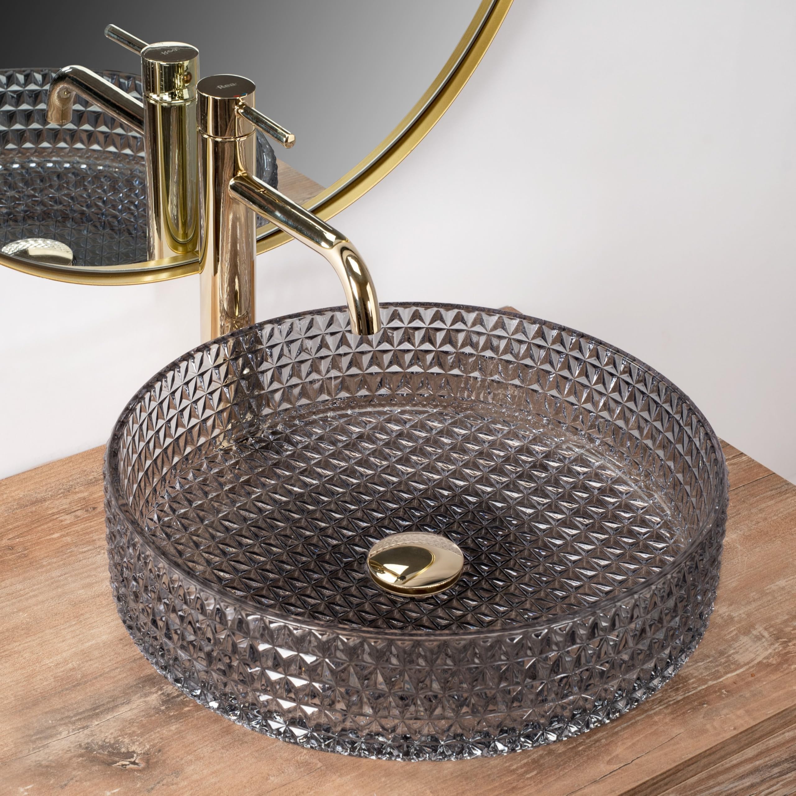 Rea Lavabo sobre encimera Cristal Grey 39 aro cepillo nikiel Lavabo de baño 400 x 400 x 110 mm Vidrio (gris)