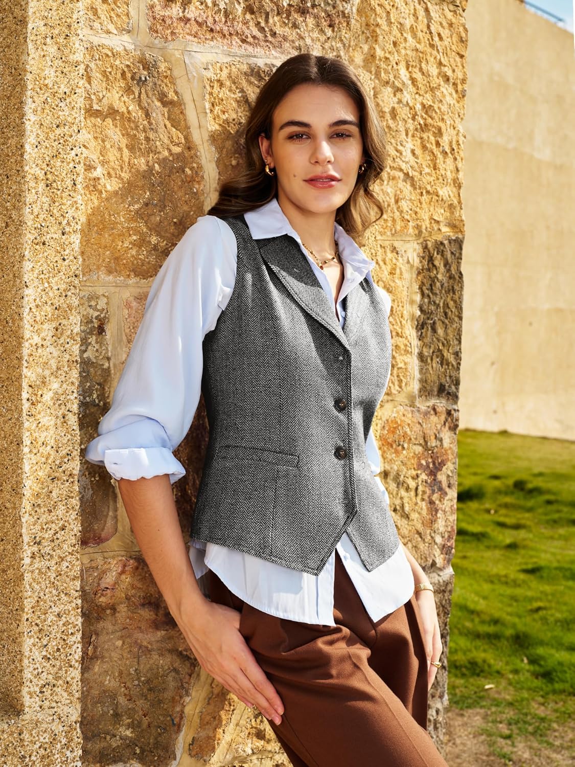 ELLEVEN Women's Herringbone Tweed Lapel Waistcoat Business Casual Sleeveless Blazers Suit Vests with Adjustable Back - Image 4