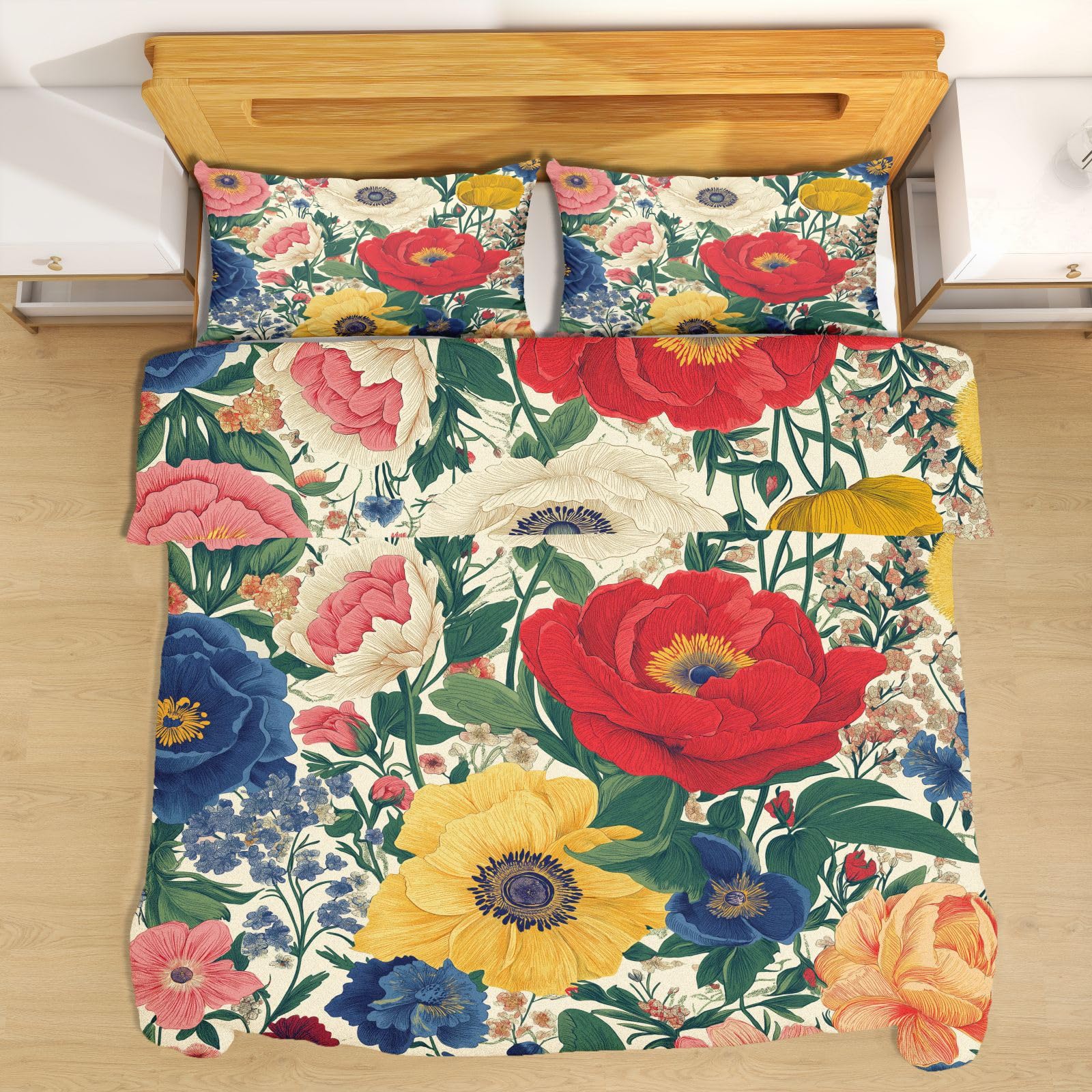 Housse de couette microfibre 200x220 motif floral avec taies 80x80 pour parure de lit 2 personnes