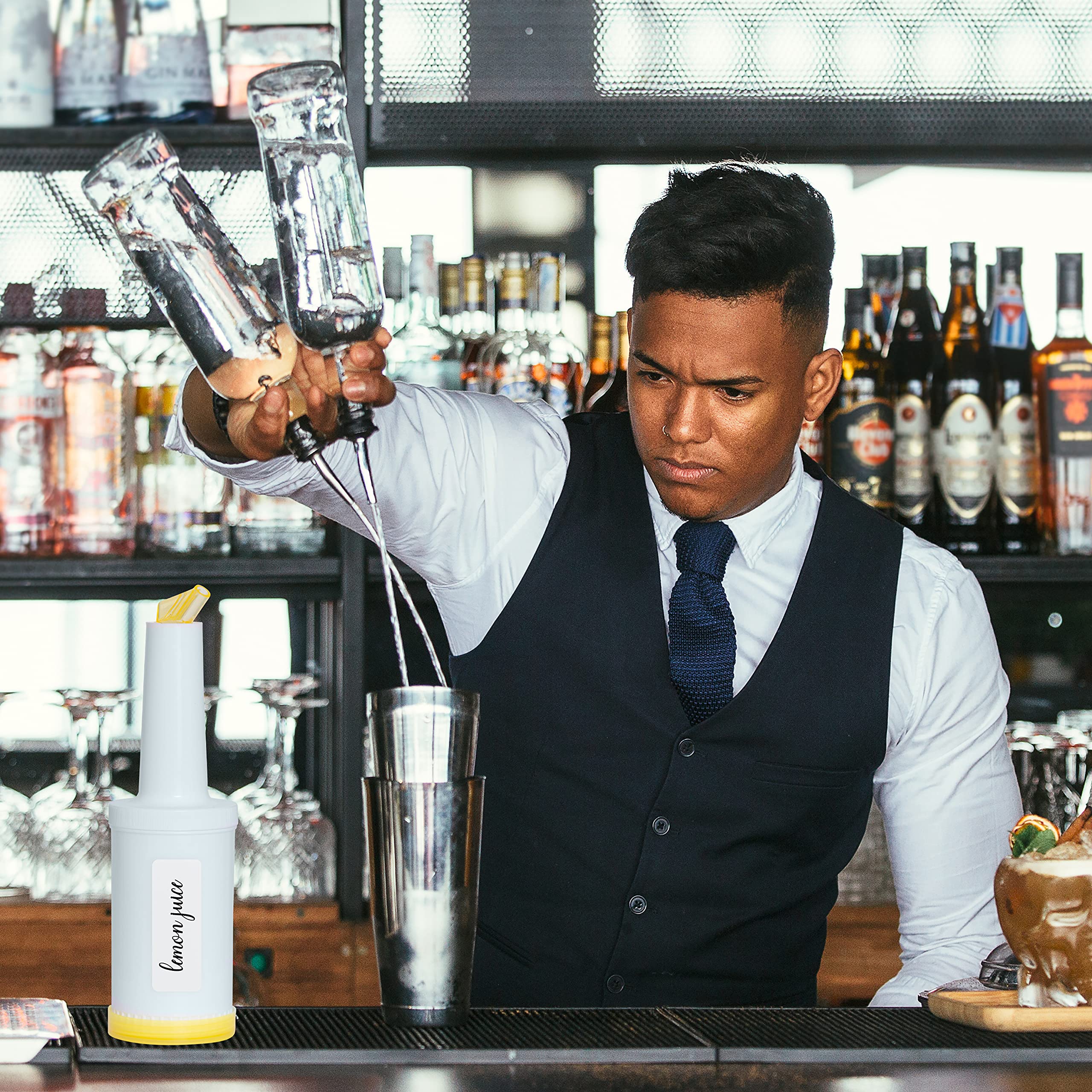 Combo pack of 4 multi color bar/juice containers (orange,red,yellow, white) plus 6 alcohol/liquor pour tops