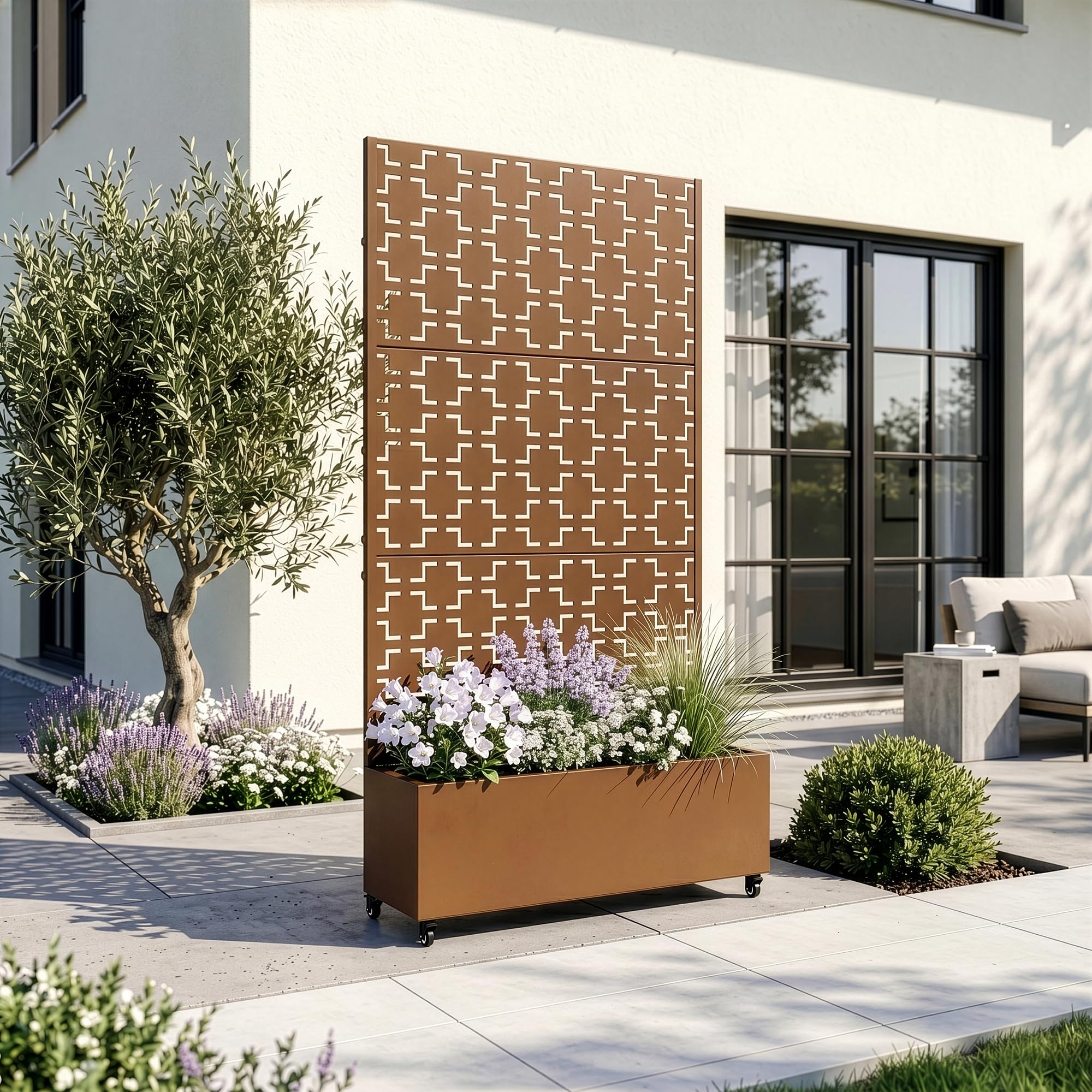 casa.pro Blumenkasten mit Sichtschutz Aaskis Pflanzkübel mit Rankgitter Metall Pflanzkasten Balkon 190 hoch Outdoor Trennwand mit Rollen Garten 190 x 82 x 38 cm Braun