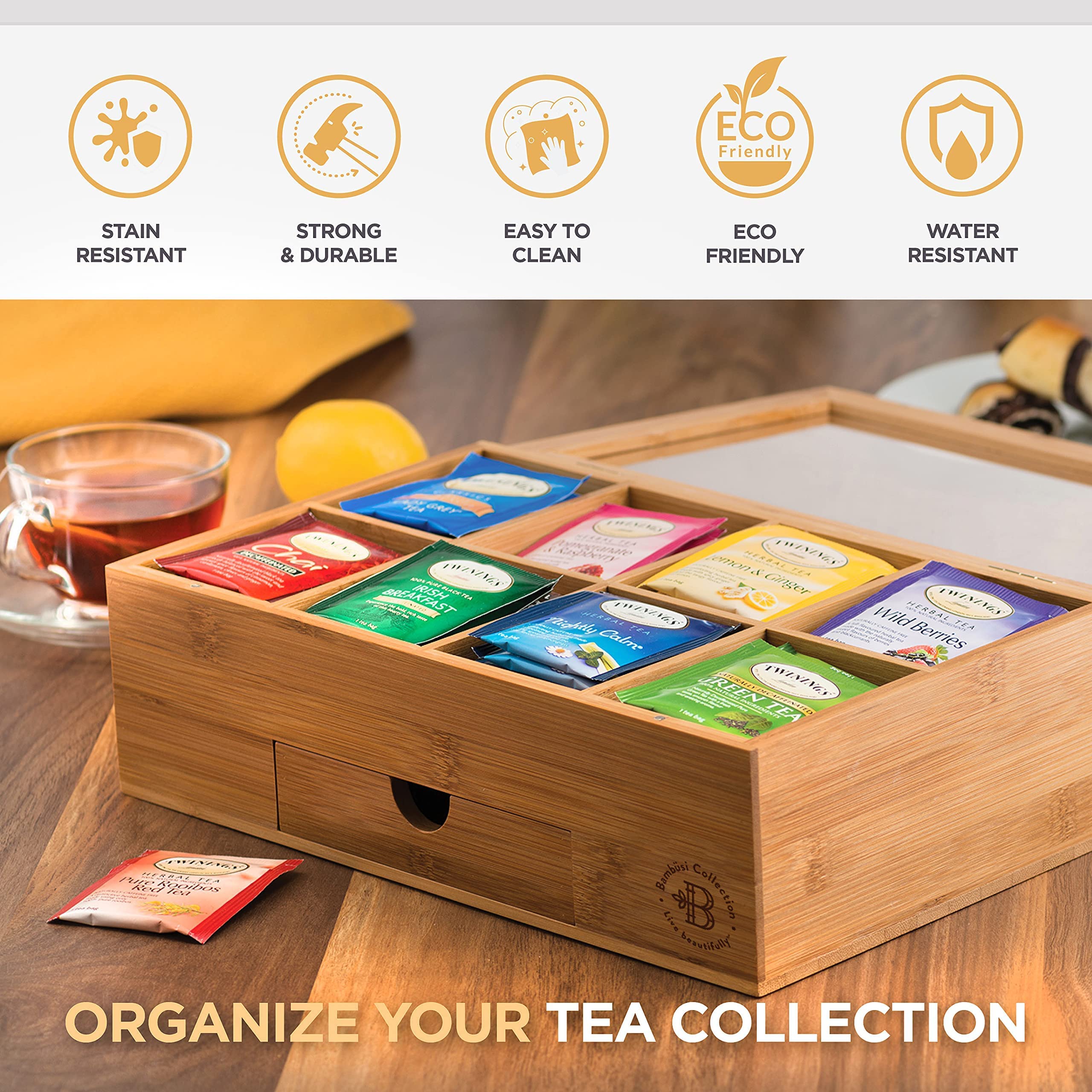 Premium Bamboo Tea Box Organizer Wood Tea Chest with SlideOut Drawer