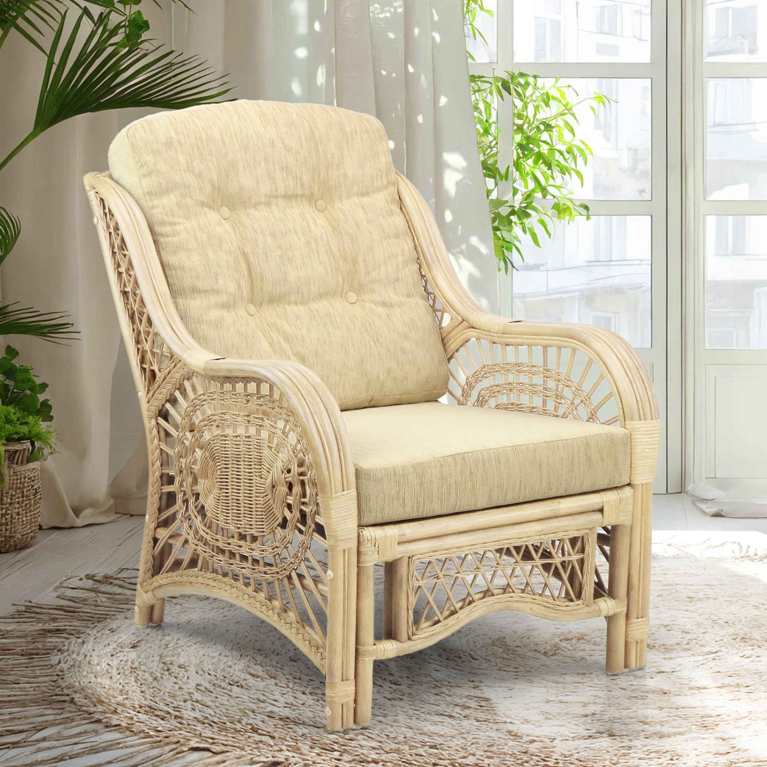 Malibu Lounge Living Accent Armchair Natural Rattan Wicker Handmade Design, Natural Color with Cream Cushion