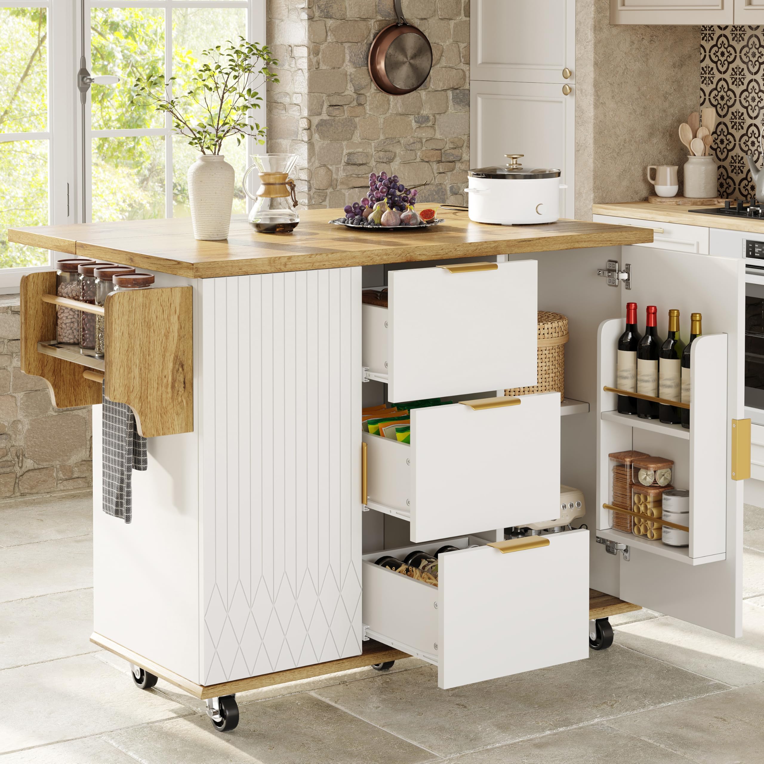 Carrito de cocina con encimera plegable y toma eléctrica, mueble de cocina móvil de isla con ruedas, aspecto, isla cocina, carro cocina, carro portavande,mueble cocina, 134 x 46 x 88 cm