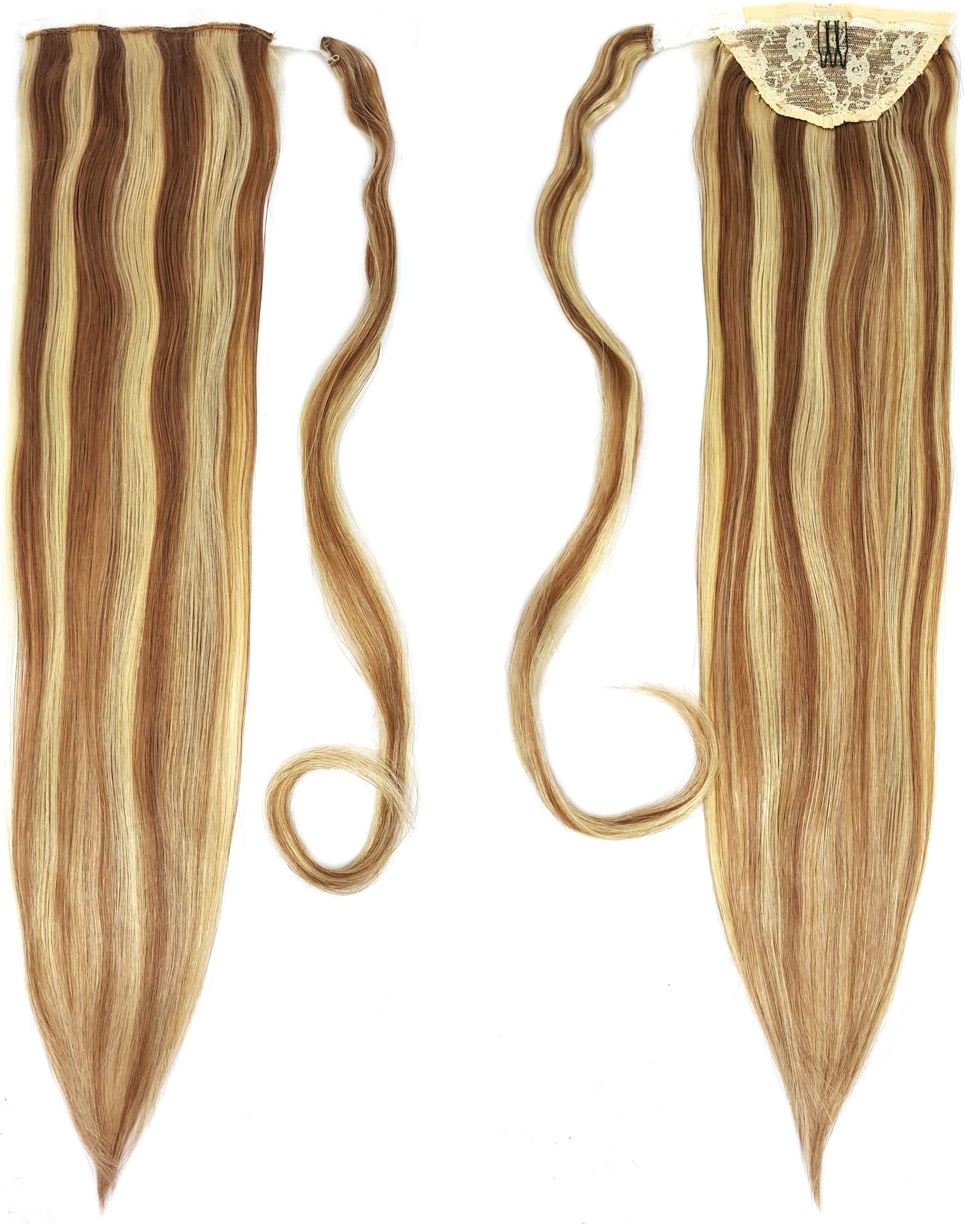 Human Hair Ponytail Extension Wrap 20” 100% Real Remy Premium Grade AAAAA 80 Grams Long Straight Human Hair Silky Soft by Knockout Hair (#07A/24 Light Natural Brown/Golden Ash Blonde Mix)