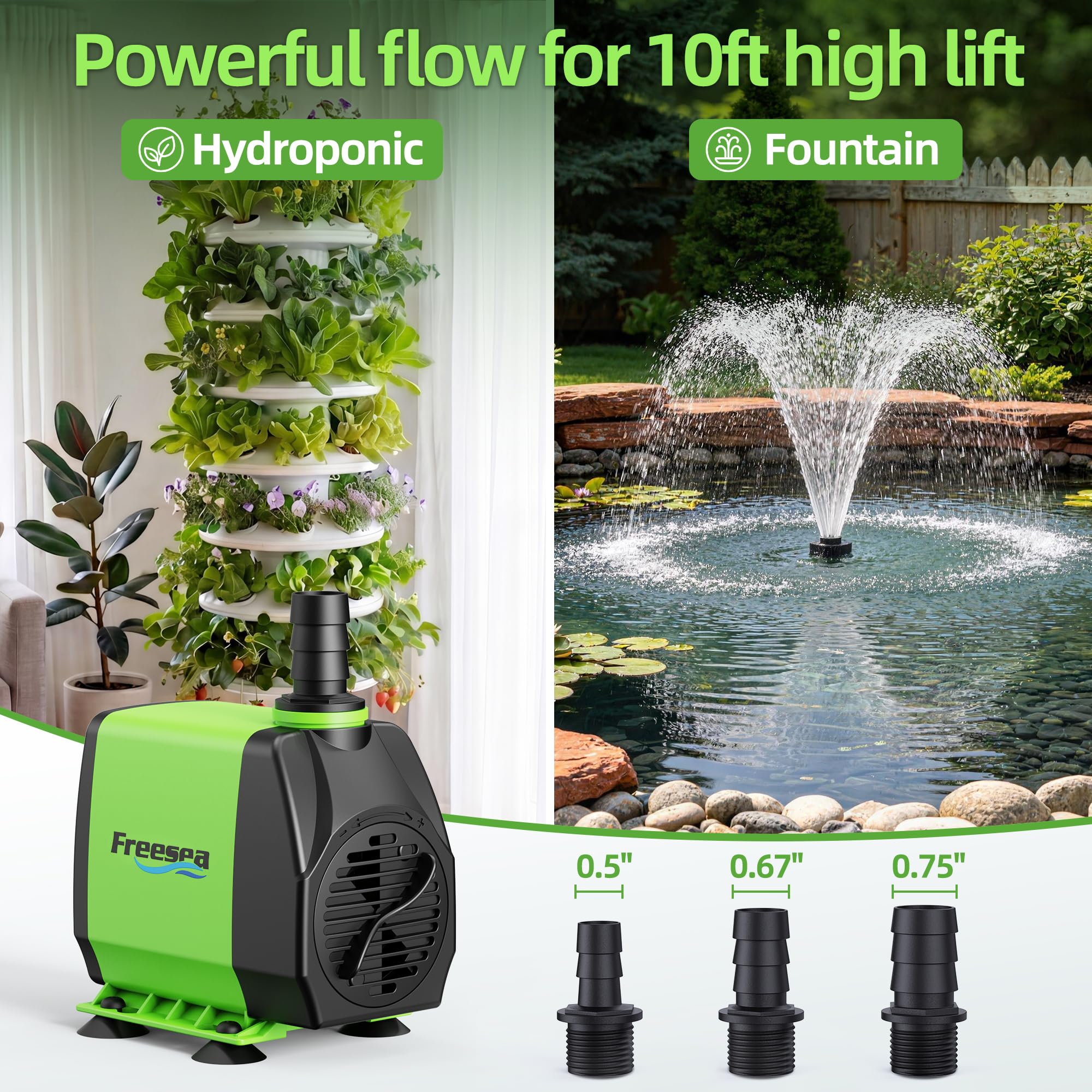 FREESEA Piccola pompa per laghetto da 800 GPH: circola uno stagno da 500-1200 galloni in 1-2 ore | Funzionamento affidabile 24/7 per acqua cristallina e Koi sano - Motore silenzioso da 45 W con flusso regolabile