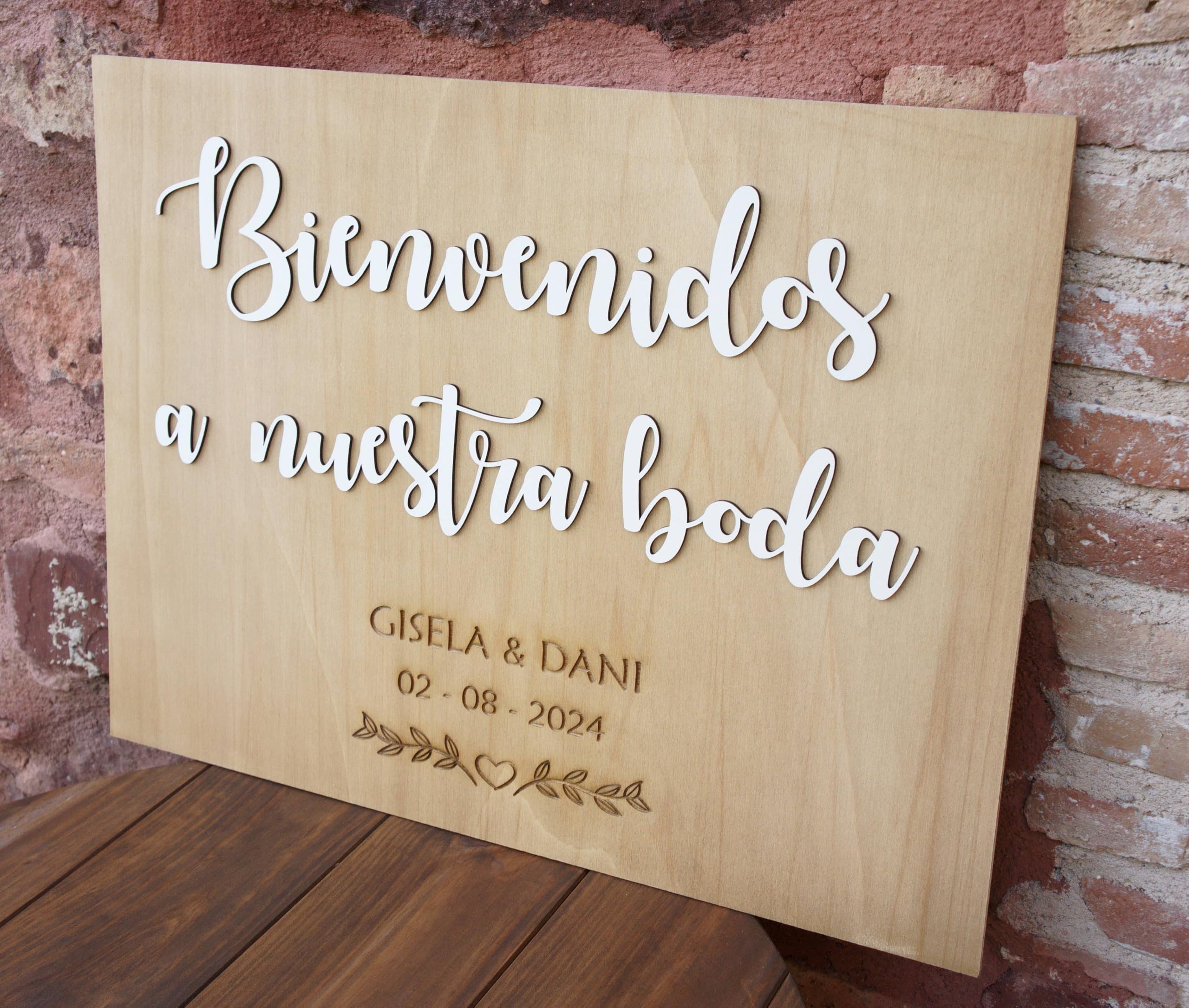 Genérico Cartel Bienvenidos a Nuestra Boda de Madera Personalizado, Medidas 60 x 40 cm