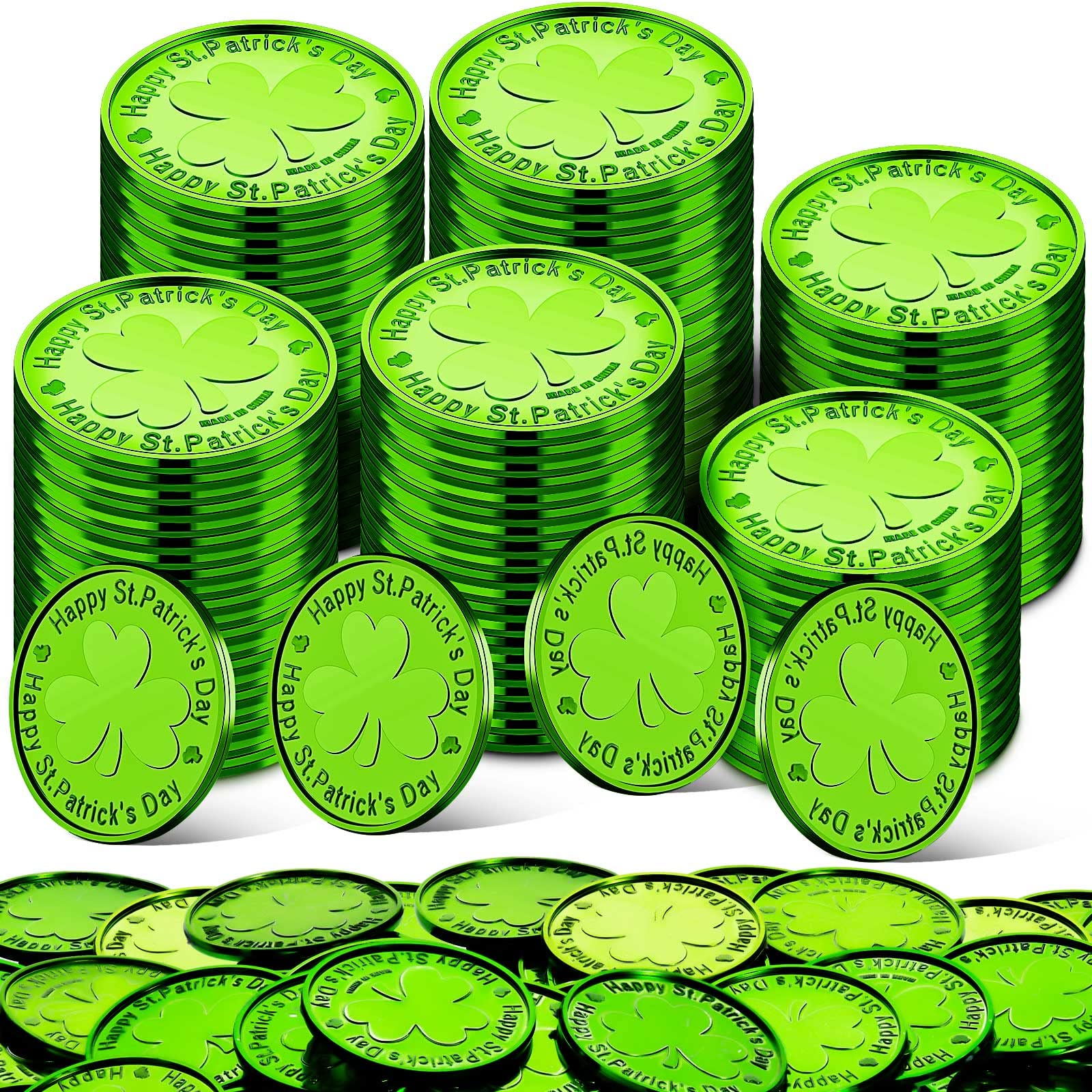 Civaner 200 Pieces St. Patrick's Day Coins Small Plastic Coins Shamrock Coins Plastic Lucky Shamrock Coins Table Sprinkles for Party Supplies St. Patrick's Day Decor (Green)