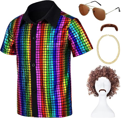Miniatura 3 de 5 piezas de disfraz de discoteca de los años 60 y 70 para niños, camisas de lentejuelas para niños, fiesta de Halloween, cosplay, 3 a 12 años