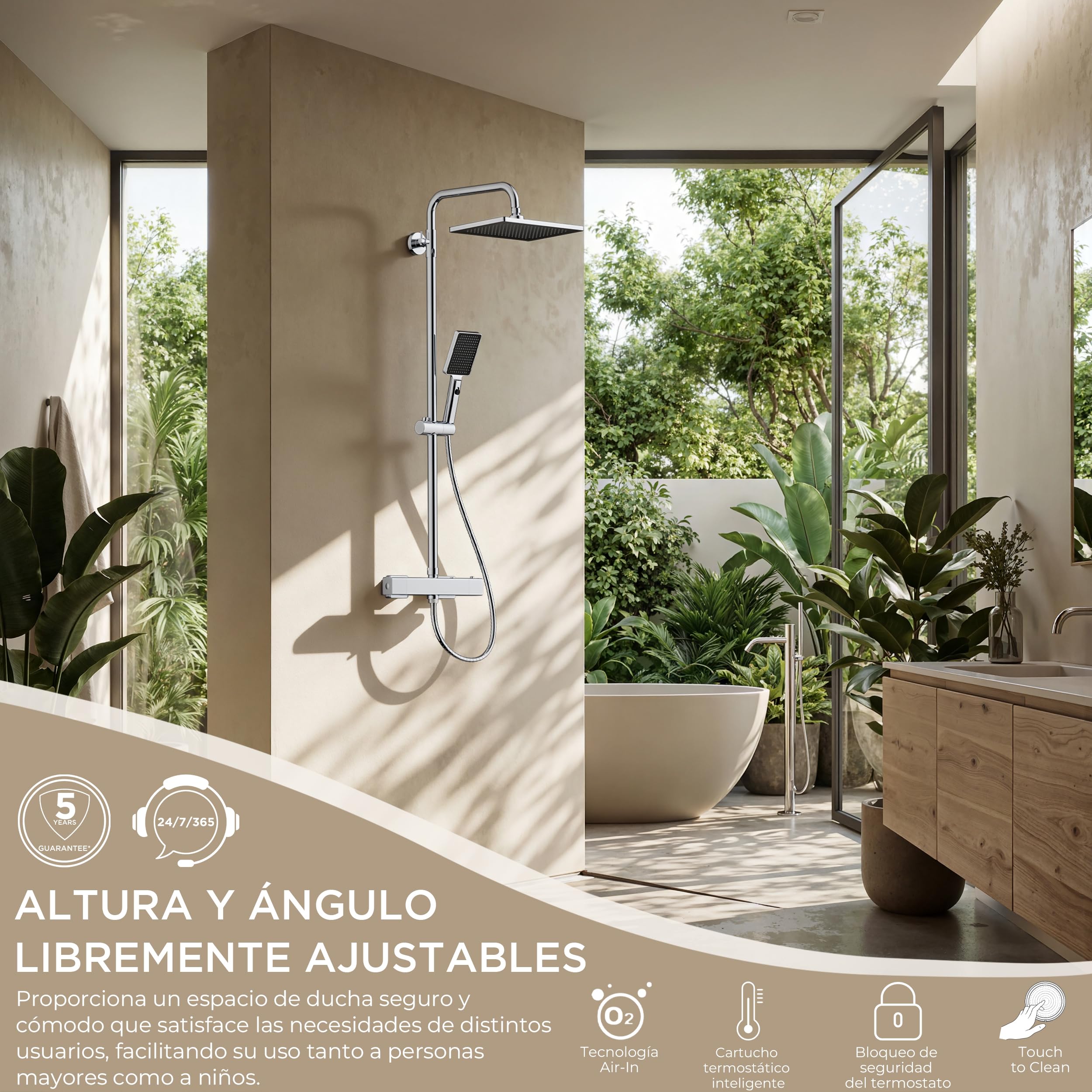 FORIOUS Columna De Ducha Termostática Con Rociador 30 × 20 Cm, Sistema De Ducha 3-En-1 Con Barra Ajustable Y Ducha De Mano Para Mayor Confort