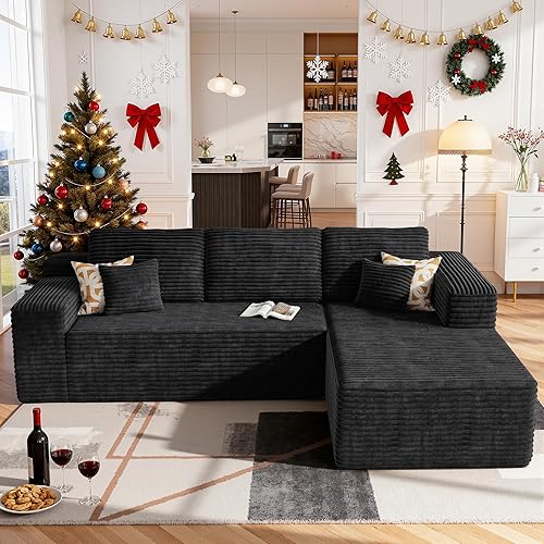 HOOOWOOO Sectional L Shaped Couch,106" Assembly Free Modern Minimalist Sofa,Extra Deep Large Sofa Set,Corner Couch in A Box for Living Room(Right Chaise Black Velvet Uphosted)