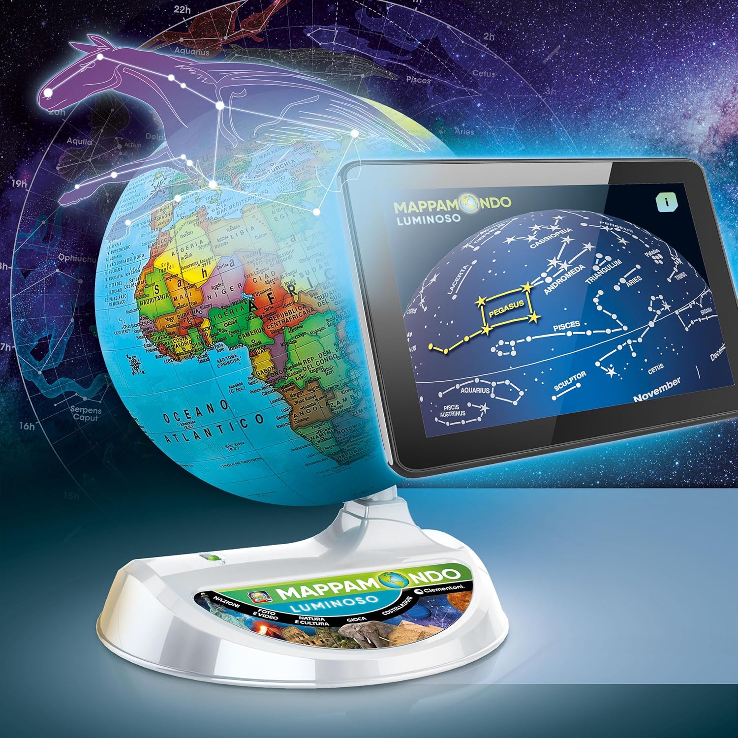 Clementoni Sapientino Più - Illuminated Globe, Educational Game for Children from 7 Years and Older, Educational Globe 22 cm with Dedicated App in Augmented Reality, Made in Italy, Italian Language
