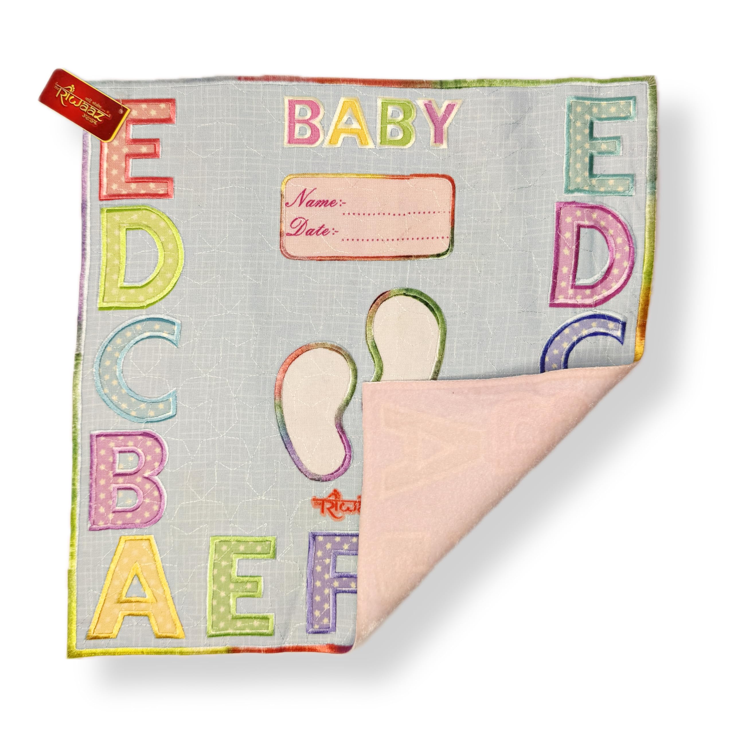 Cotton Kanku Pagla for as Ritual to welome baby at home first time, Footprint Modern Designer Swaagat Asan Rumal With Bag (Square)-image-1