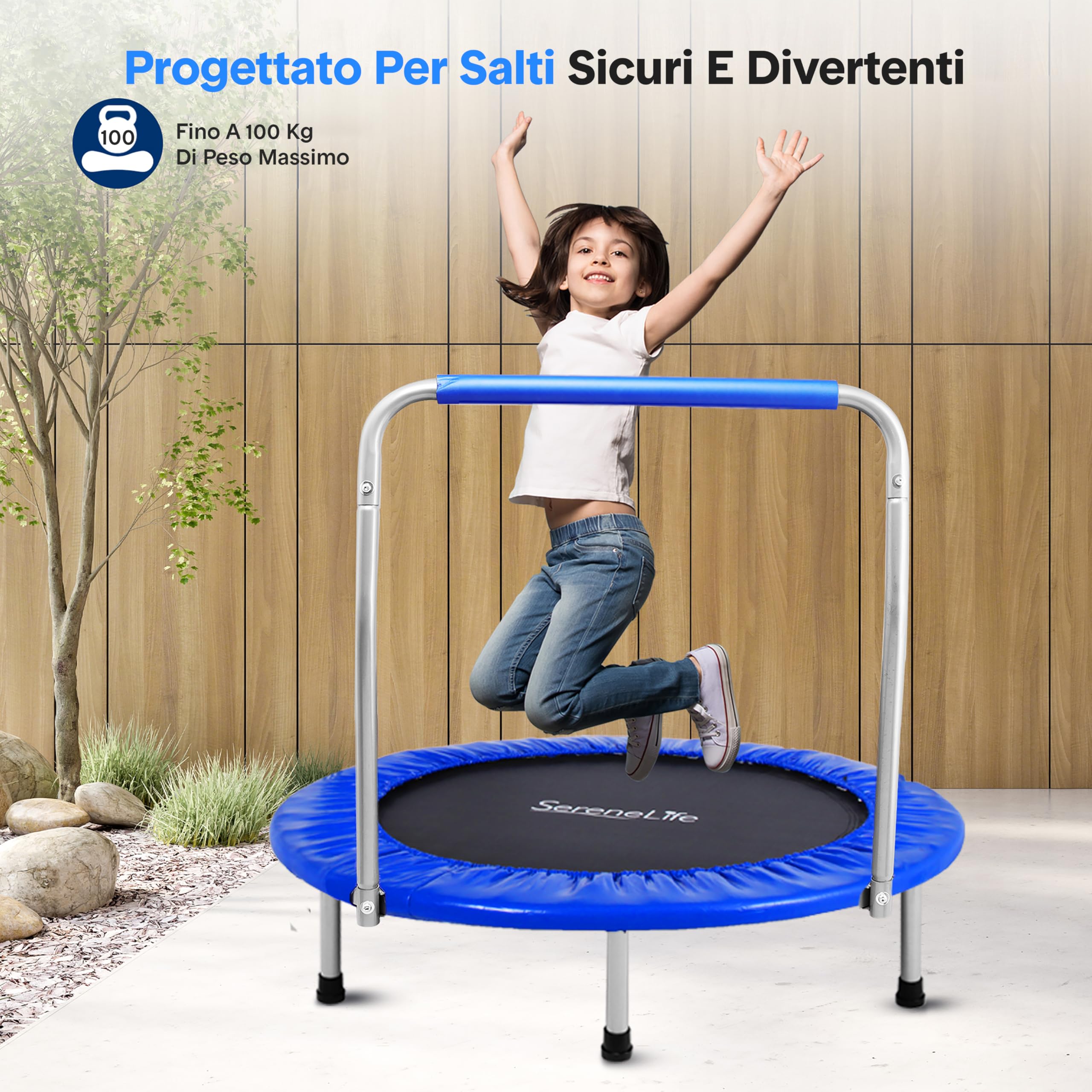 SereneLife Trampolino Elastico per Bambini Pieghevole 91/102 cm, Trampolino per Palestra in Casa con Maniglia in Schiuma, Giochi Bambini fino a 100 kg