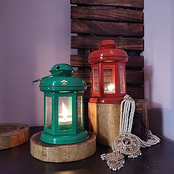 Amishi Blissful Decors Tealight Holder Hanging Lantern Diwali Decoration for Bedroom, Room, Balcony (14 cm x 10 cm) Pack of 2 (Red -Green)