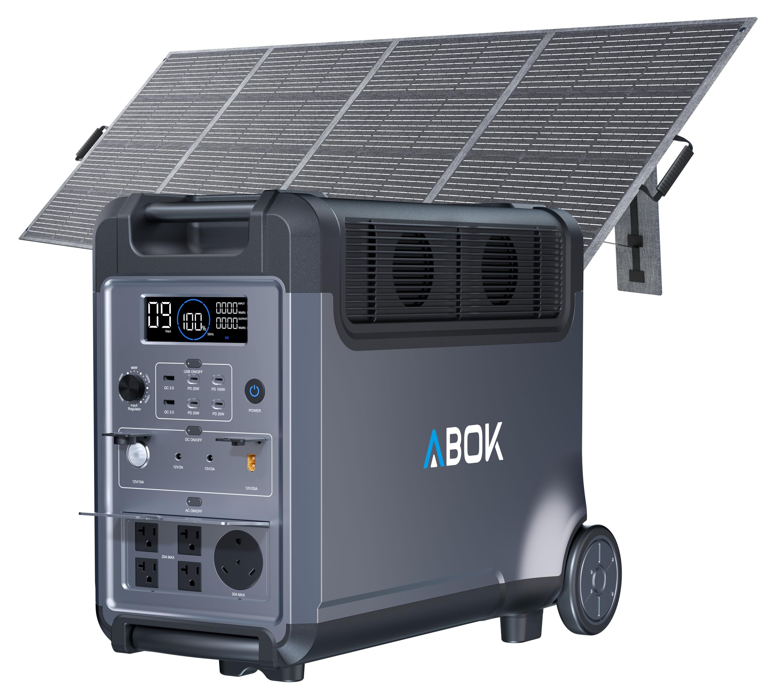 ABOK Ark3600 Portable Power Station with 400W Solar Panel,2000W Solar Input | 3840Wh LiFePO4 Battery, Expandable to 11520Wh,15 Outlets, 3600W Solar Generator for Home Backup, Hurricane, Camping, RV
