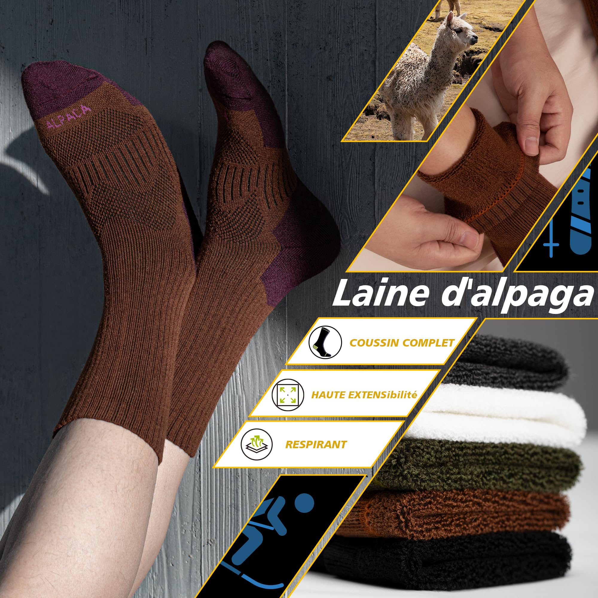 Chaussettes Chaudes Femme et Homme Laine Alpaga Chaussettes Thermiques Hautes Epaisse Anti Froid Hiver Running Ski Randonnée pour SnowBoard Sport Taille 35-51 Lot de 2
