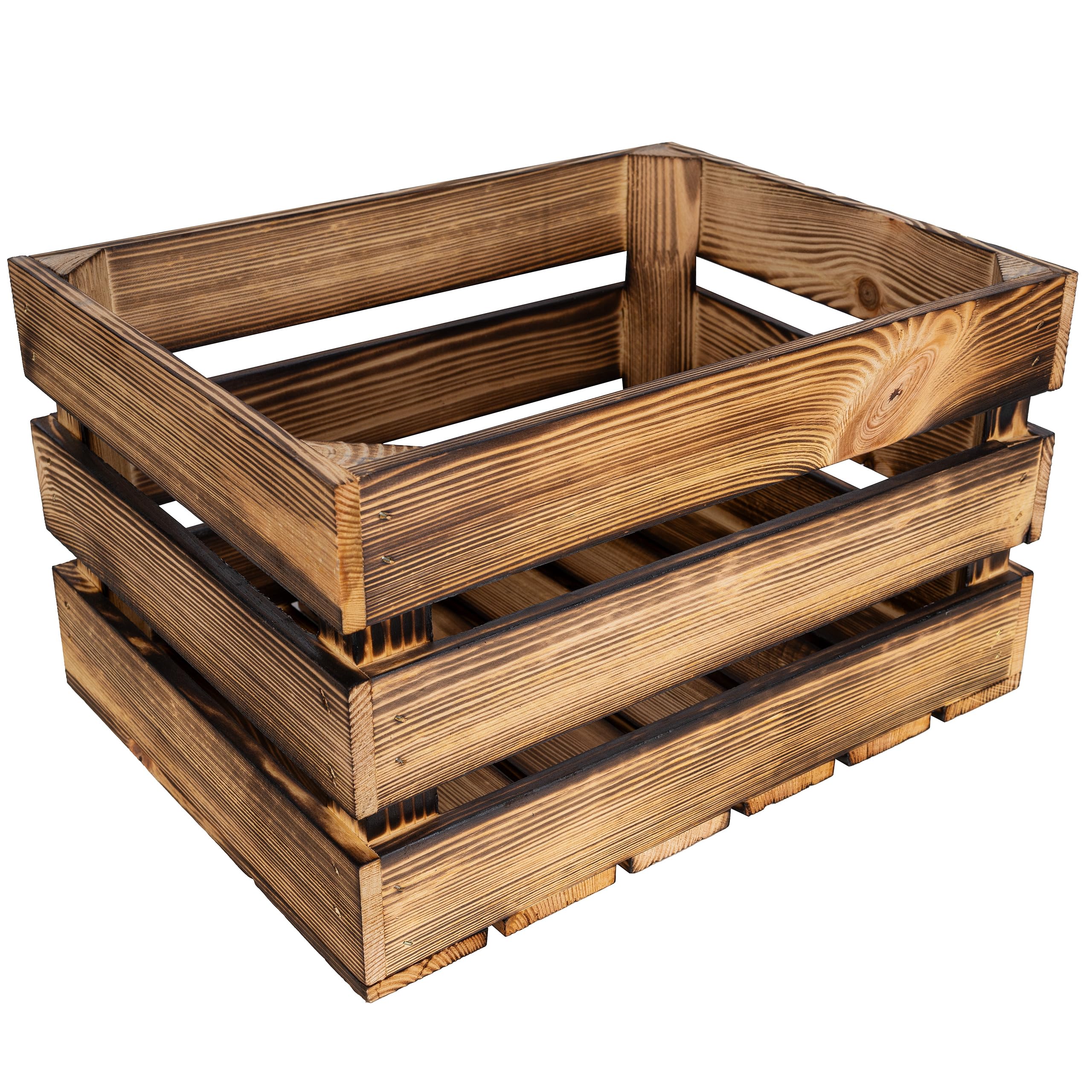 Creative Deco Flamed Large Wooden Crate With Handles | 40X30x23cm | Keepsake Chest Storage Box | Vintage Farmhouse Display Basket Gift Box