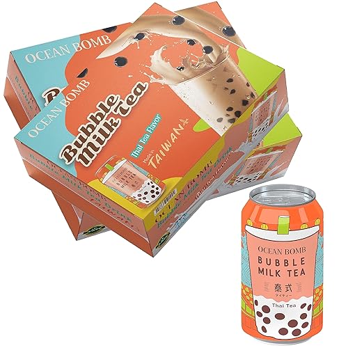 Ocean Bomb Boba Tea Tapioca Pearls, té de leche enlatado con burbujas para reventar, listo para beber en una lata (té tailandés, paquete de 24)