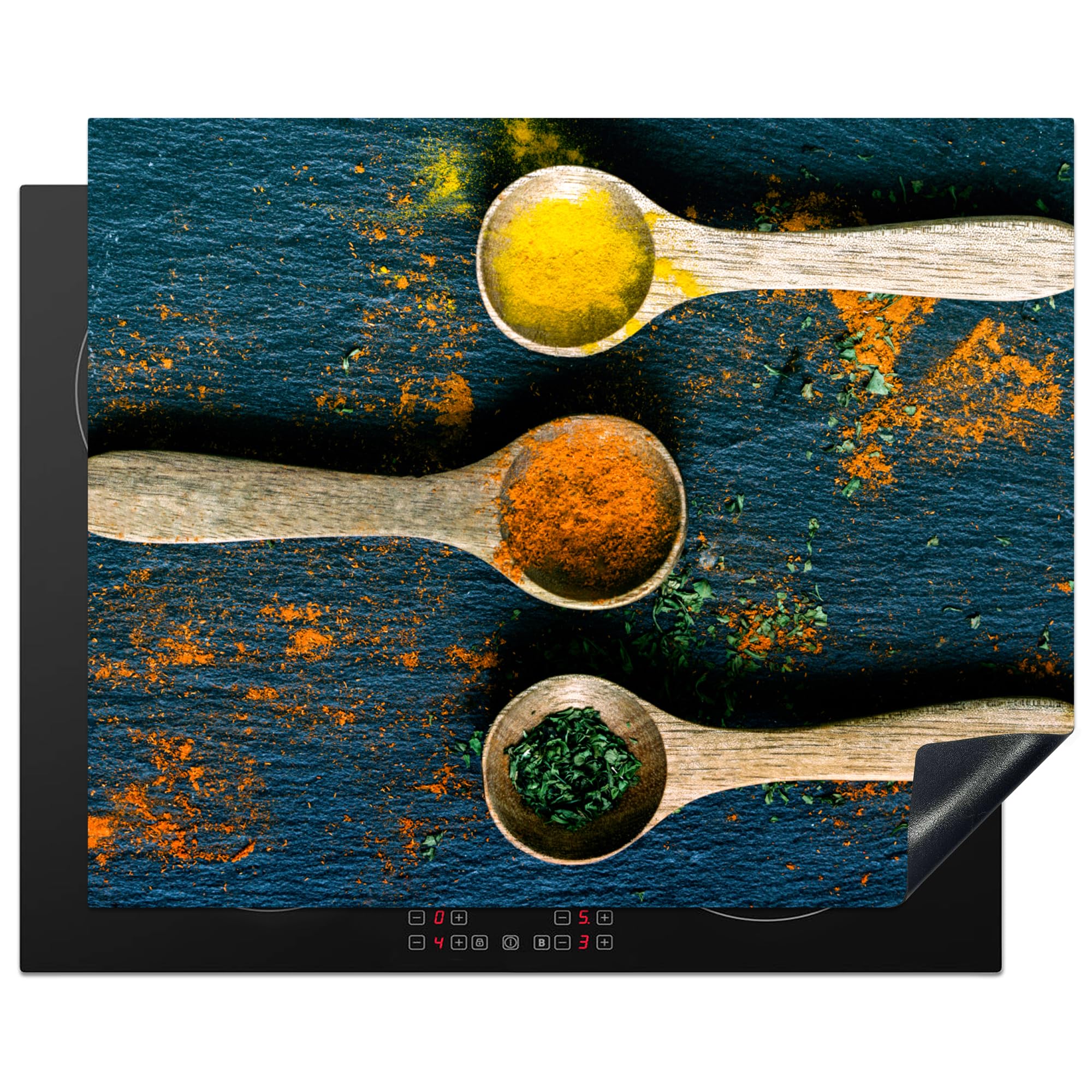 KitchenYeah© Induction Hob Protector Mat 20.5"x25.6" / 65x52 cm Stove Cap Top Cover Kitchen Cooker Covers for Electric Hobs Vinyl Spices - Spoon - Herbs - Brown - Yellow - Green — image 1