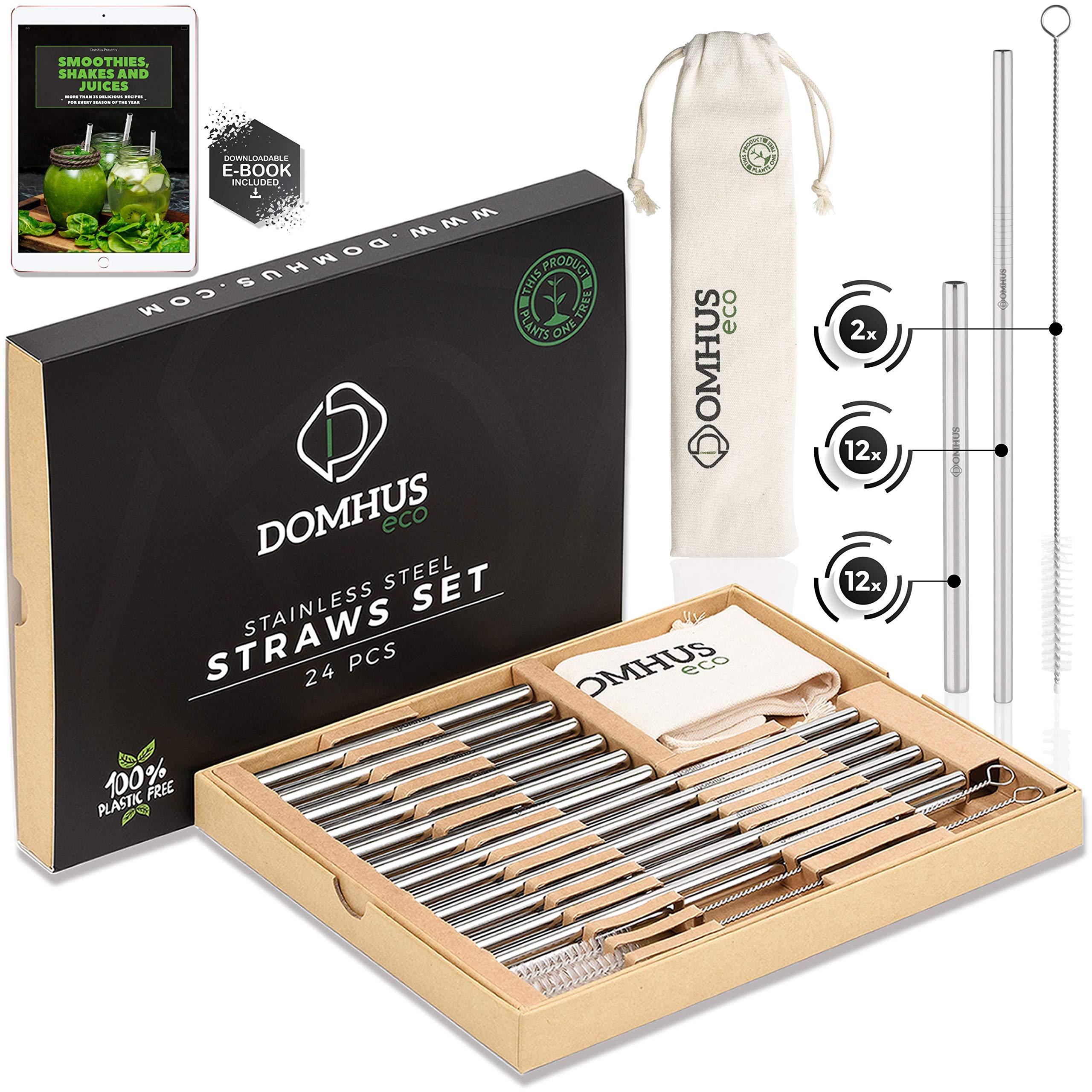 DOMHUS® Premium Edelstahl Strohhalme Wiederverwendbar Set 24er Ungiftig Trinkhalme | 100% Plastikfrei | Aufforstungsprojekt Partner | 24 Metall Strohhalme + 2 Reinigungsbürsten + Stoffbeutel + Ebook