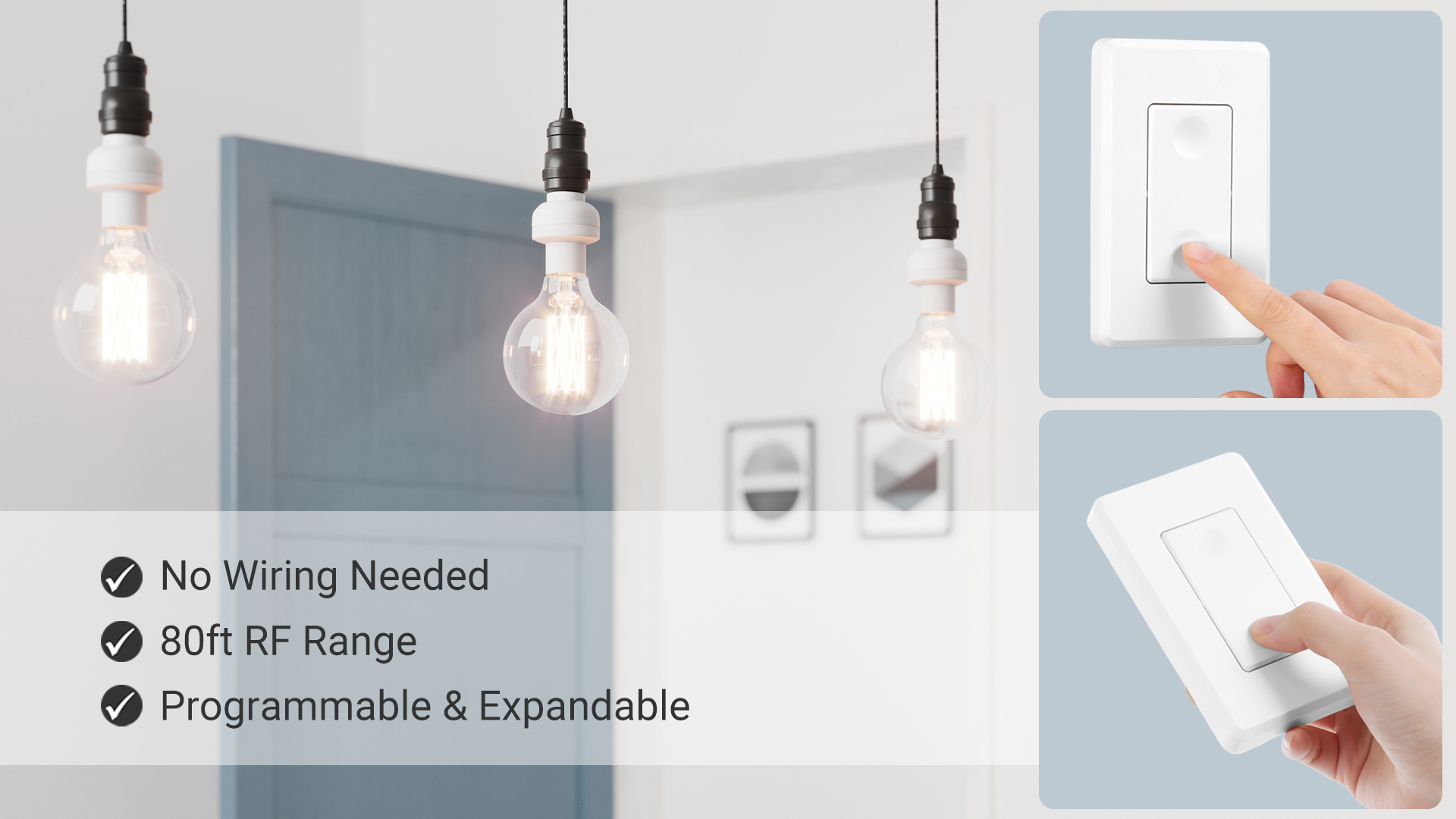 Image of DEWENWILS Remote Control Light Bulb Socket, Wireless Light Switch for Pull Chain Light Fixture, E26 E27 Bulb Base, No Wiring, ETL Listed(1 Wall Mounted Switch+2 Socket)