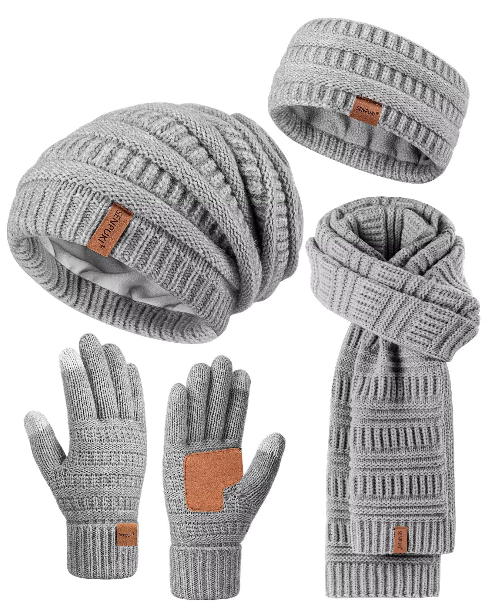 Womens Winter Beanie Hat Scarf Gloves Headband Set, Slouchy Beanie Ear Warmer Knit Scarf Touchscreen Gloves Warm 4 Gift Set