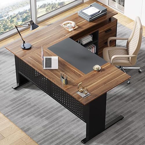 Vista 8 de Tribesigns Escritorio Ejecutivo de 63 Pulgadas con Archivador, Escritorio de Oficina Grande en Forma de L, Escritorio de Computadora con Cajones