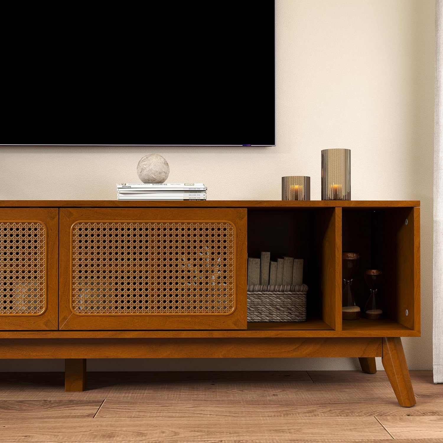 Ball & Cast 68" Mid Century Modern TV Stand for TVs up to 75", Media Console with Rattan Sliding Doors, Open Shelves & Solid Wood Legs, Entertainment Center for Living Room,Bedroom,Light Walnut