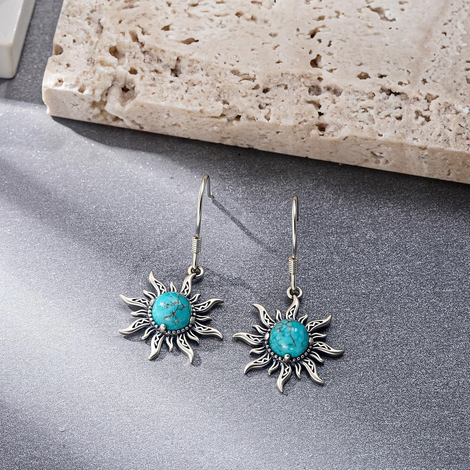 Sun Turquoise Earrings 925 Sterling Silver Genuine Turquoise Sun Earrings Western Nature Gemstone Turquoises Jewelry Gifts for Women - Image 3