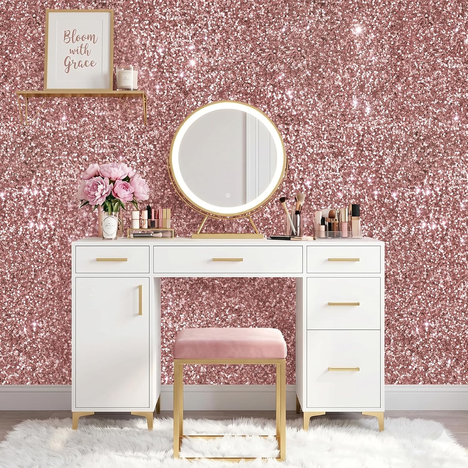 VEELIKE Thick Pink Glitter Peel and Stick Wallpaper 15.7''x354'' Chunky Sparkle Contact Paper for Accent Walls Girls Room Self Adhesive Removable Gillter Fabric Pink Wallpaper for Furniture Room Decor