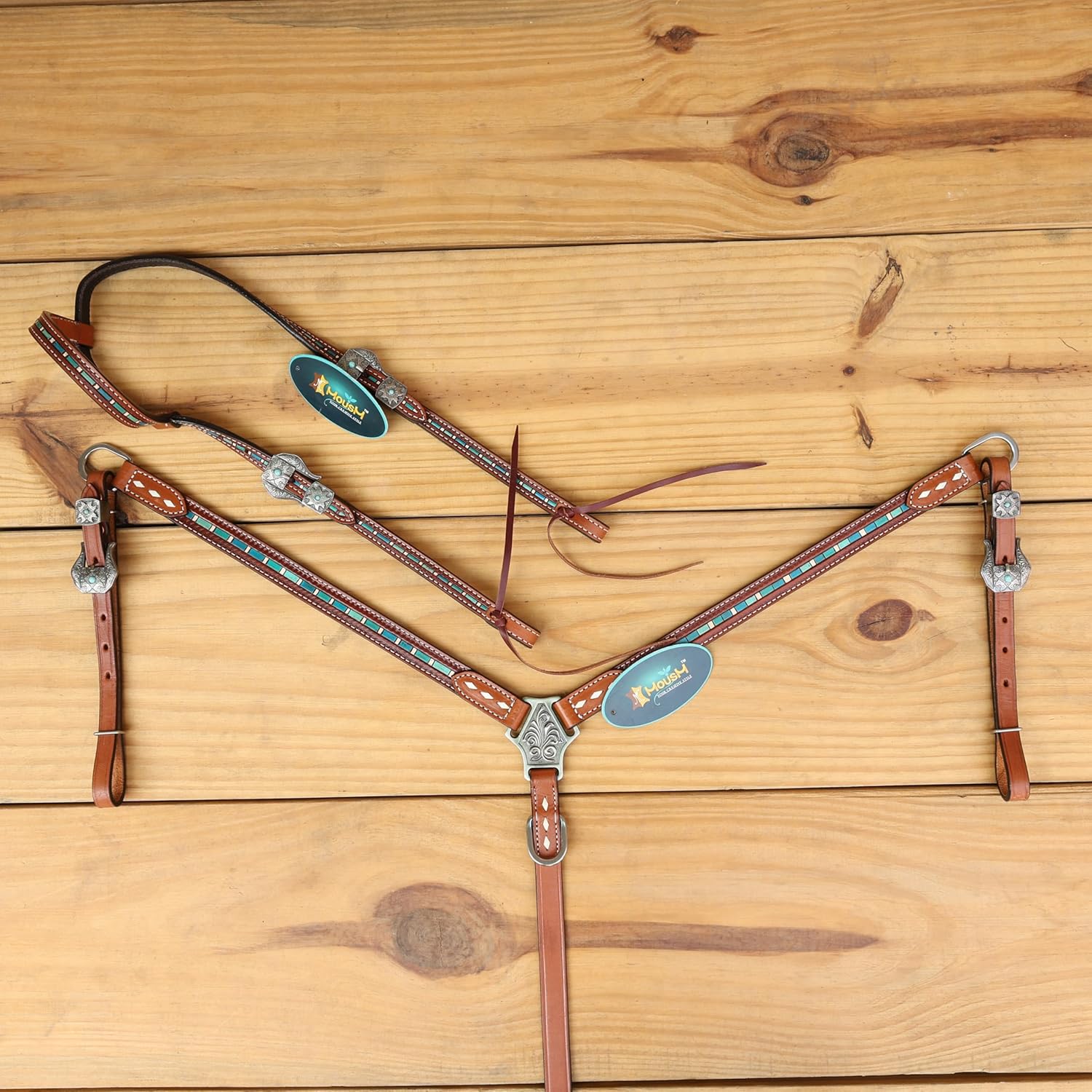 Western Bridles for Horses - Hand-Striped Tooled Leather with Turquoise Coloring and Buck Stitching- Christmas Horse tack