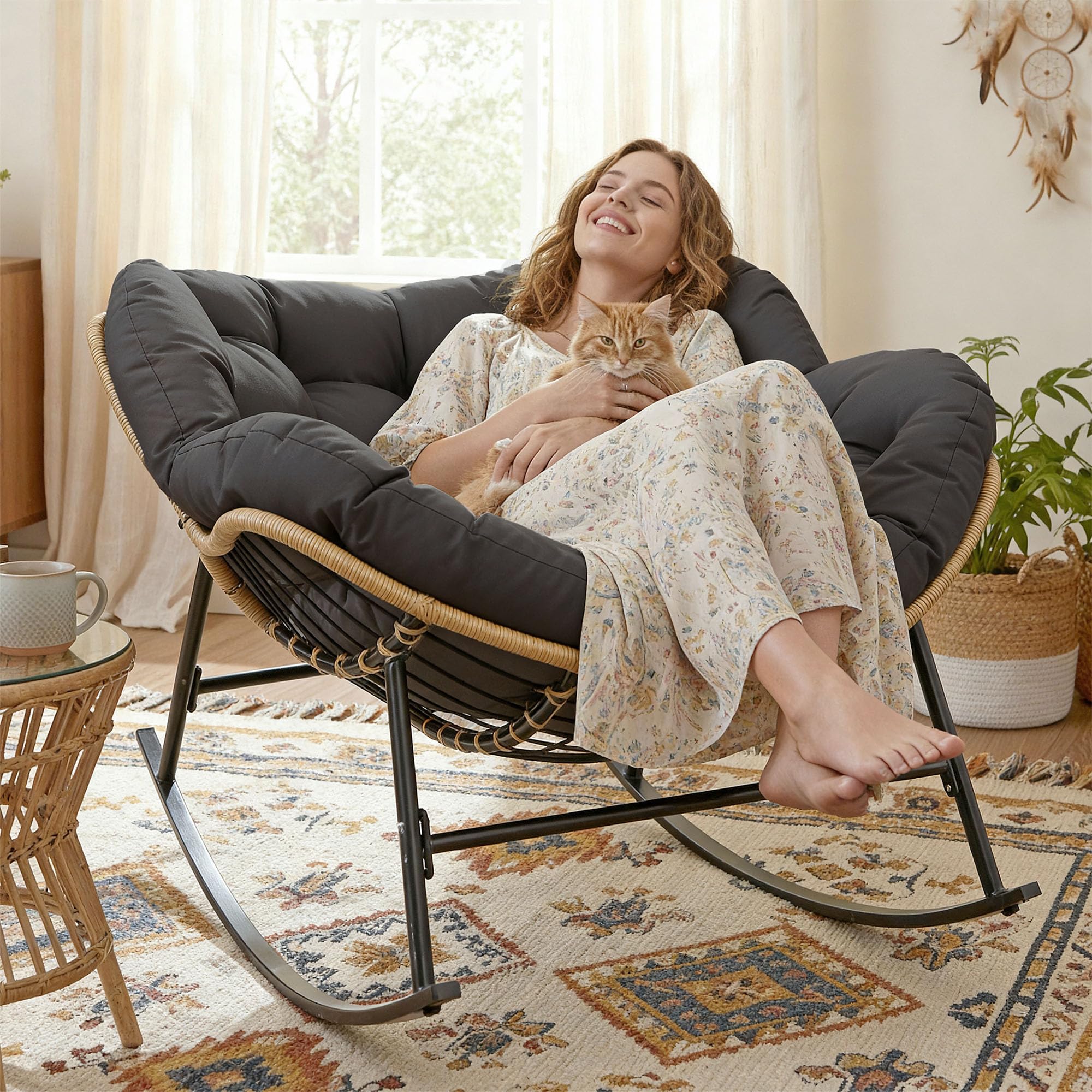 BULEXYARD Oversized Papasan Rocking Chair Outdoor with Cushion, PE Wicker Royal Rocking Egg Chair for Reading/Relaxing, 450 lbs Heavy Duty Sturdy