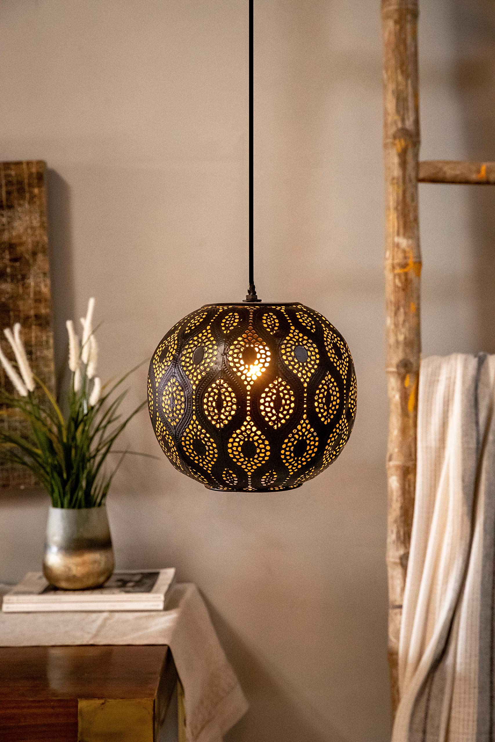 Logam Black & Gold Moroccan Ball Pendant Hanging Ceiling Light, E - 14 Bulb Holder, Without Bulb, 23 x 23 x 23 cm