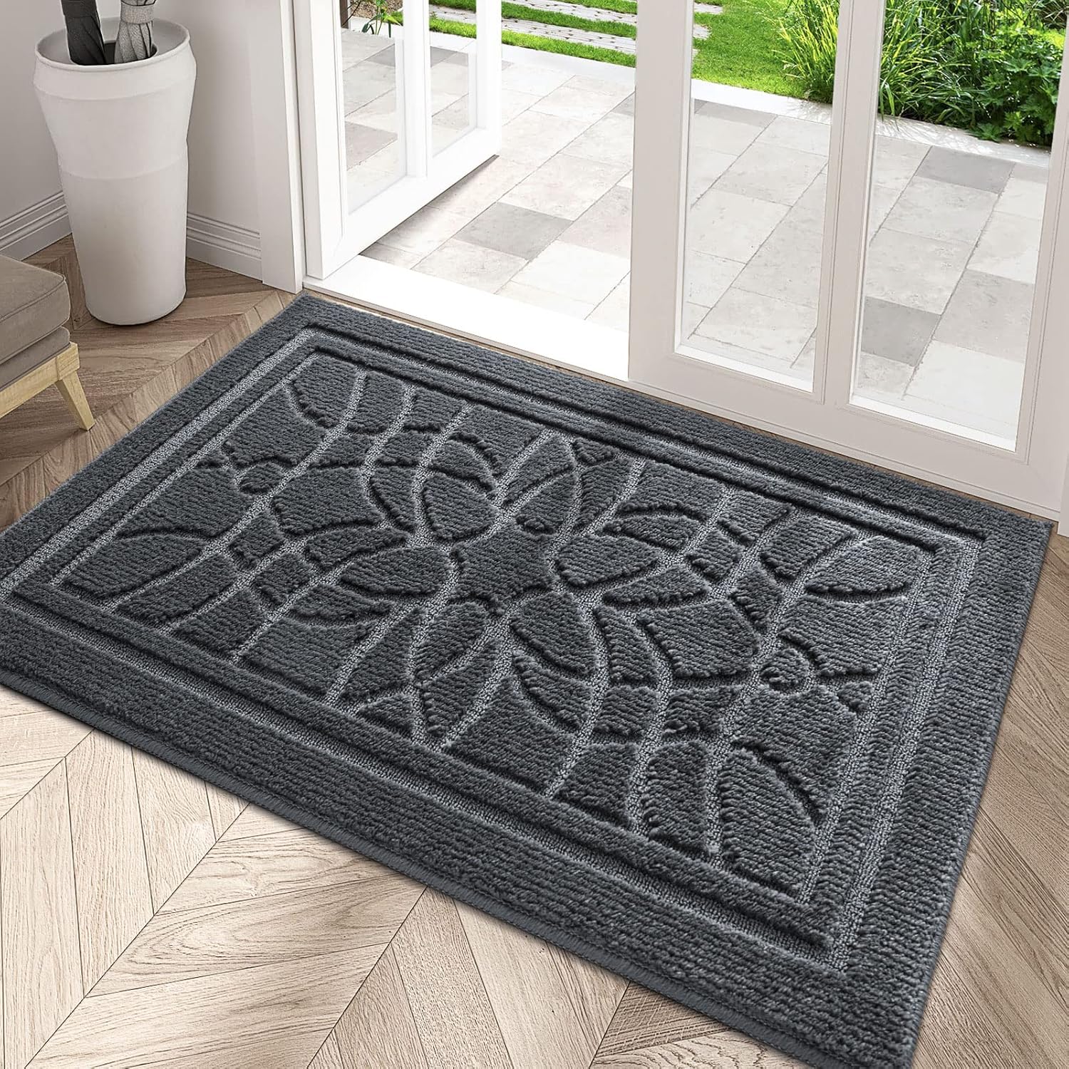 DEXI Front Door Mat for Home Entrance, 24"x36" Non-Slip Absorbent Floor Mats Low-Profile Washable Doormat for Entryway, Garage, Patio, Dark Gray