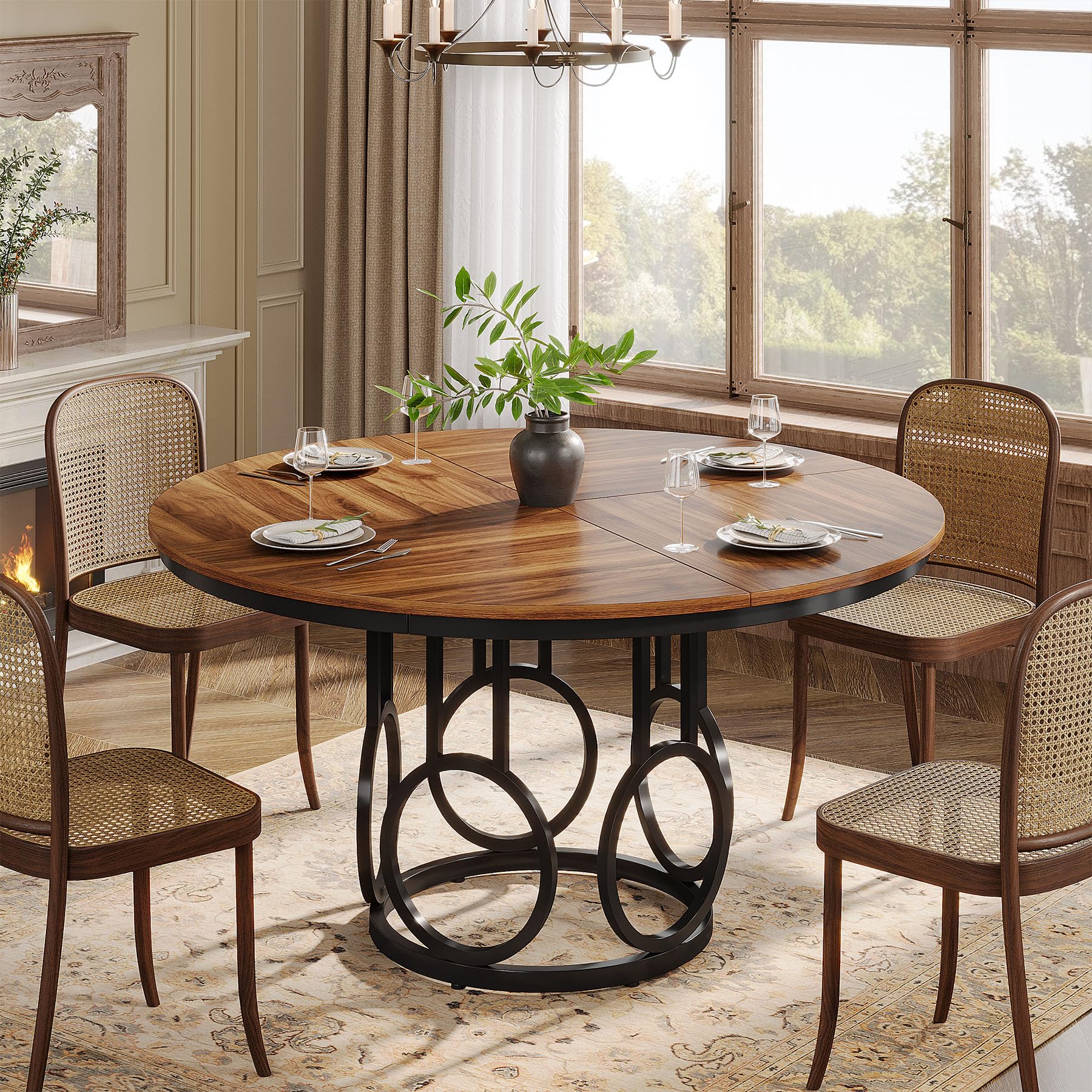 Tribesigns Mesa de comedor redonda para 4 personas, mesa de comedor rústica de 120 cm con base de metal, mesa de cocina redonda para cocina, salón, comedor (marrón)
