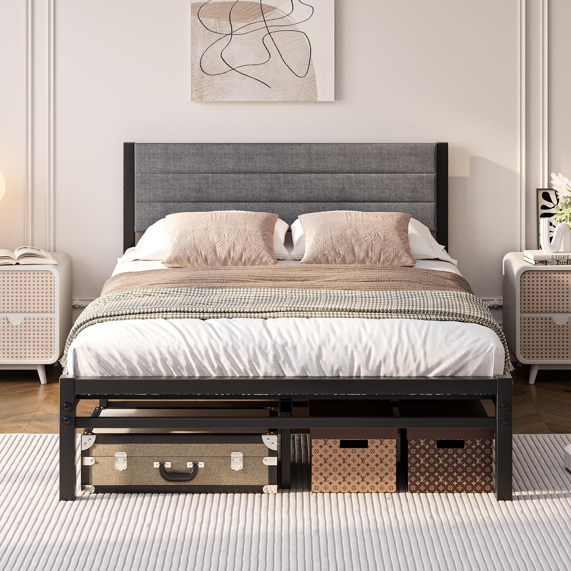 Upholstered Bed 120 x 200 cm Bed Frame Youth Bed Frame Bed 120 x 200 cm with Metal Slatted Frame, Padded Pedestal, Modern Single Bed, Guest Bed, Metal Bed with Headboard, Dark Grey