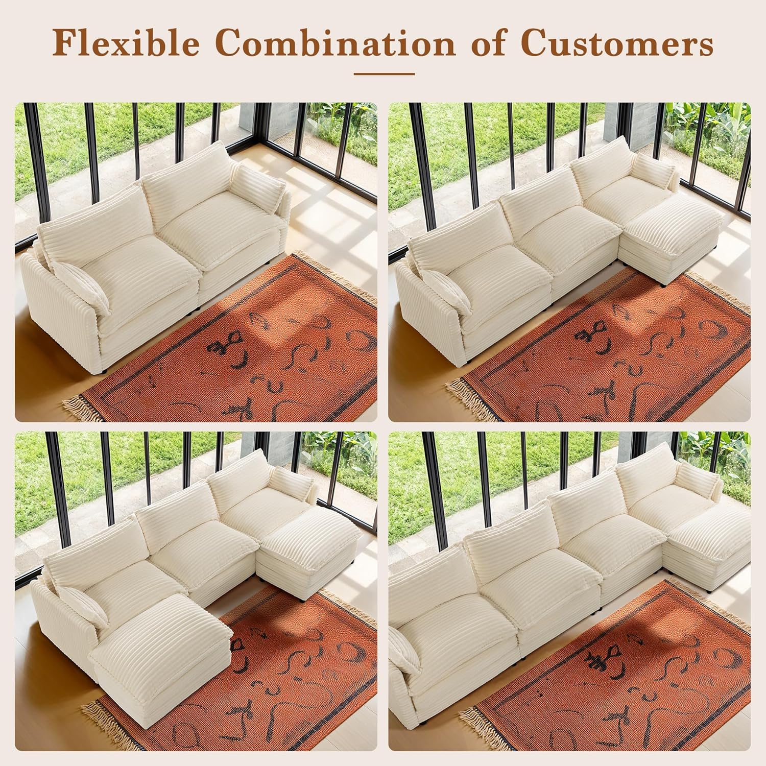 80'' Modular Sectional Sofa, Comfy Cloud Couch with Movable Ottoman, 2 Seater Deep Seat Corduroy Loveseat Sofa, Sectional Couches for Living Room Beige