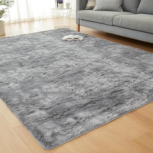 JKMAX Alfombras peludas de pelo largo para sala de estar, teñido anudado gris claro, alfombra de felpa suave de 4 x 6 pies para dormitorio, JKMAX Alfombras peludas de pelo largo para sala de estar, teñido anudado gris claro, alfombra de felpa suave de 4 x 6 pies para dormitorio,