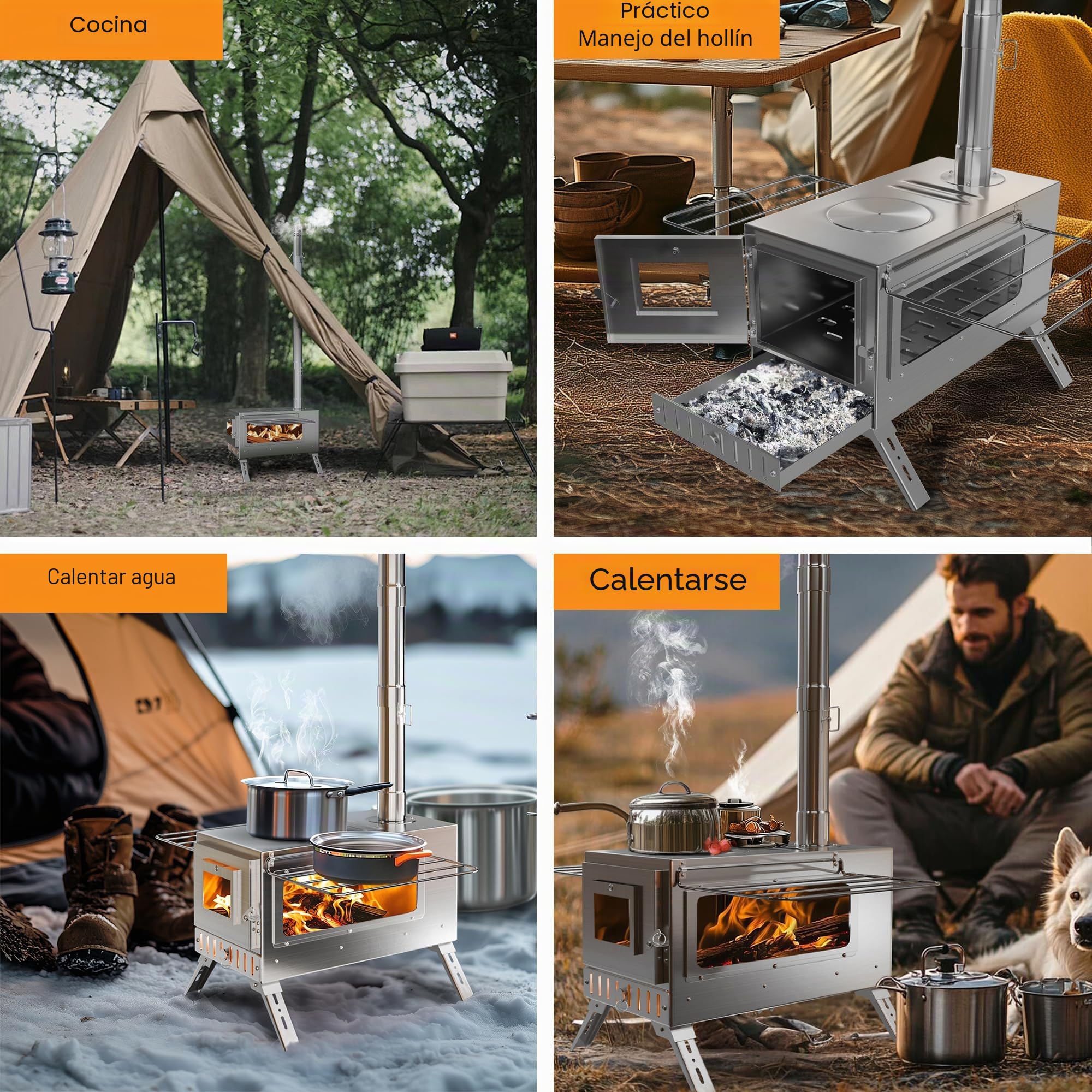 UNHO Estufa de Leña Portátil para Tienda de Campaña: Estufa Plegable con Chimenea, 7 Tubos de Acero Inoxidable, 2 Ventanas de Vidrio Resistente al Fuego, para Cocinar y Calentar Al Aire Libre