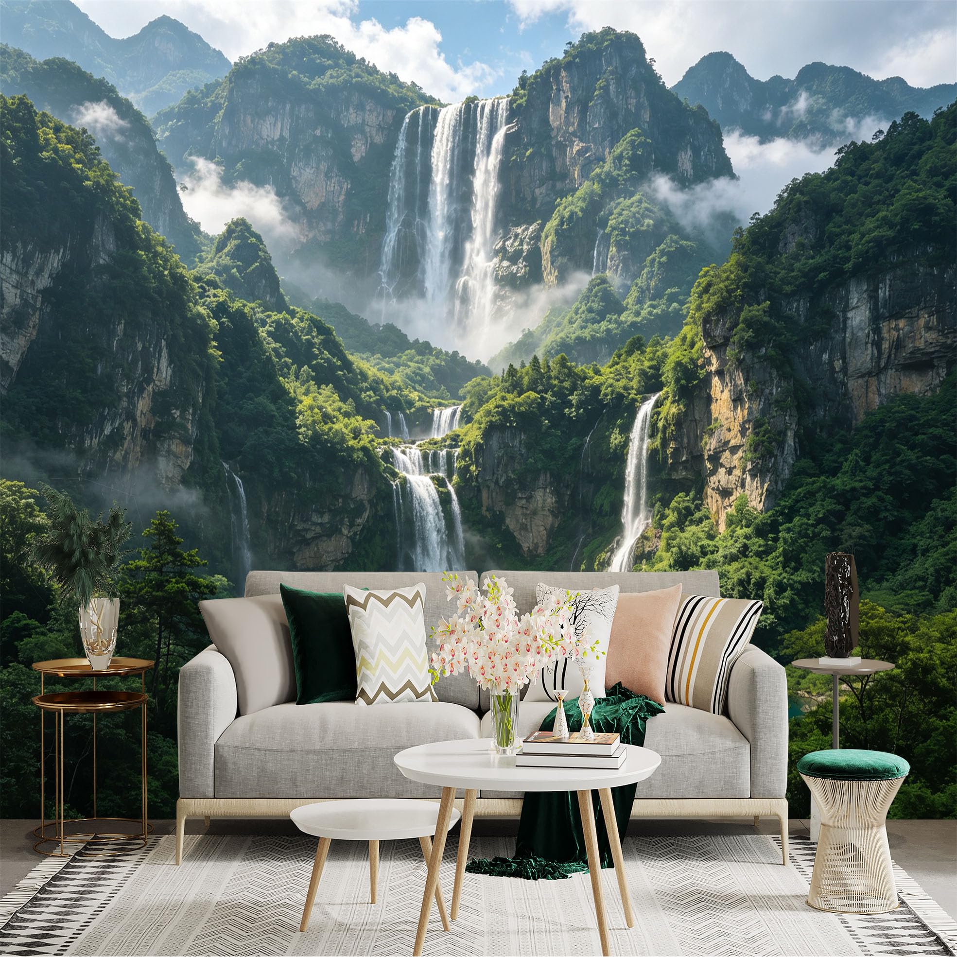 Custom Size Wall Sticker Mural， Majestic Waterfall， Green Mountain Peaks， Misty River， Tropical Landscape， for wall Decoration， peelandstick wall Decals.