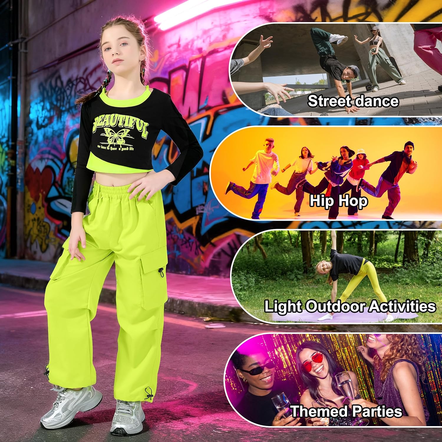 LOLANTA Girls Hip Hop Dance Clothes 2 Piece Outfits Jazz Team Long Sleeve Crop Top Cargo Pants Set - Image 4