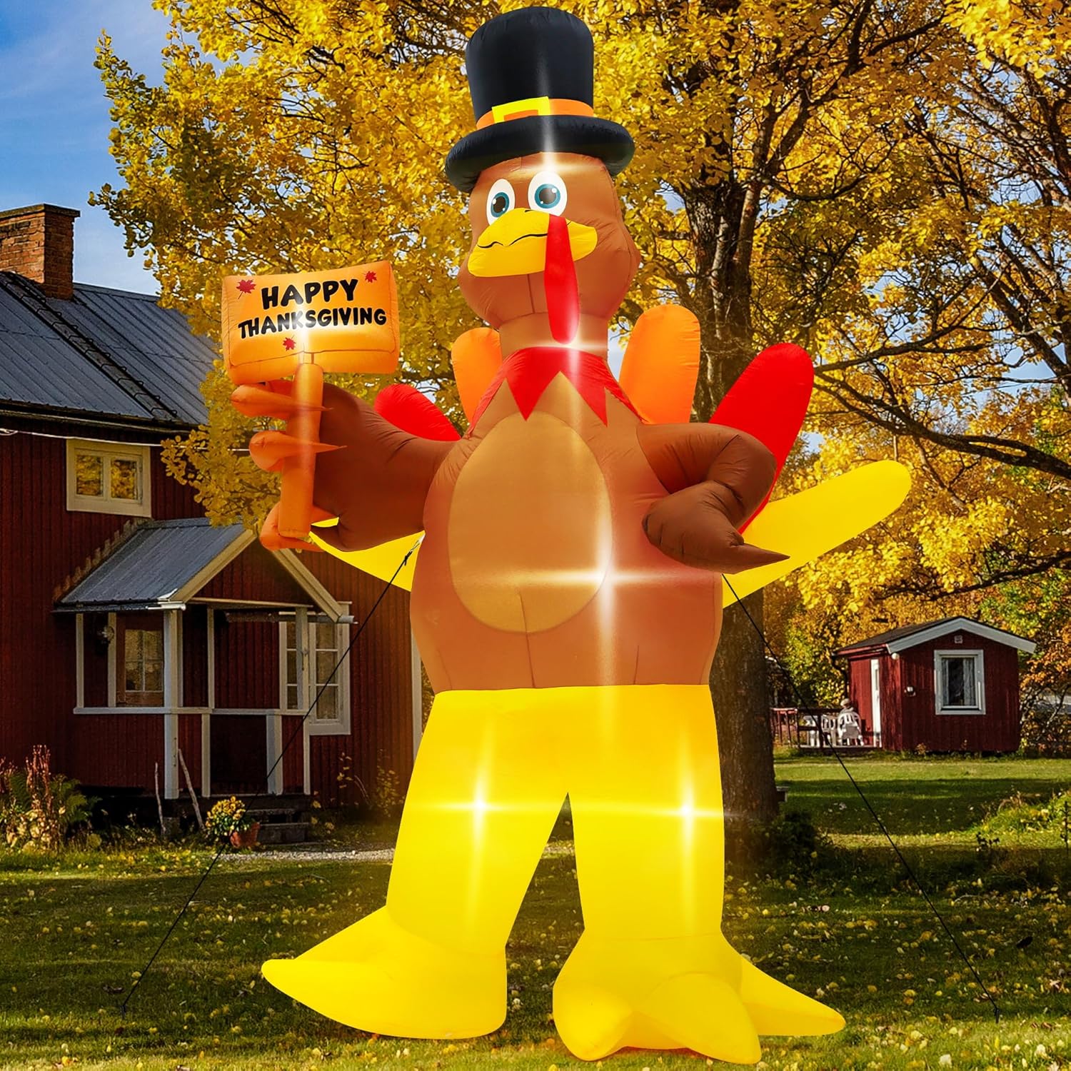 12FT Inflatable Turkey, LED Lighted Turkey Holding Happy Thanksgiving Sign for Fall Autumn Outdoor Yard Lawn Harvest Decor