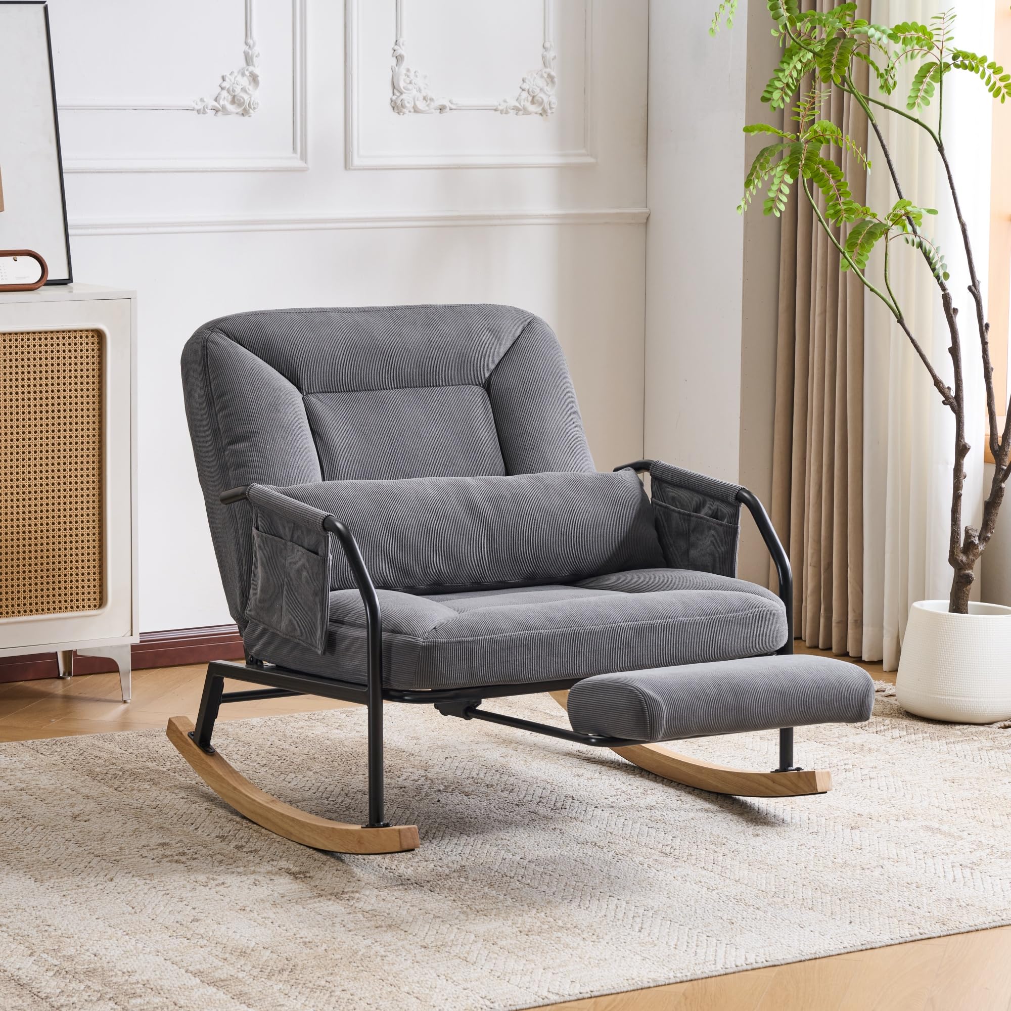 Mecedora Glider con reposapiés, cojín acolchado, respaldo ajustable, interior/exterior, salón, dormitorio, balcón, porche, pana, gris