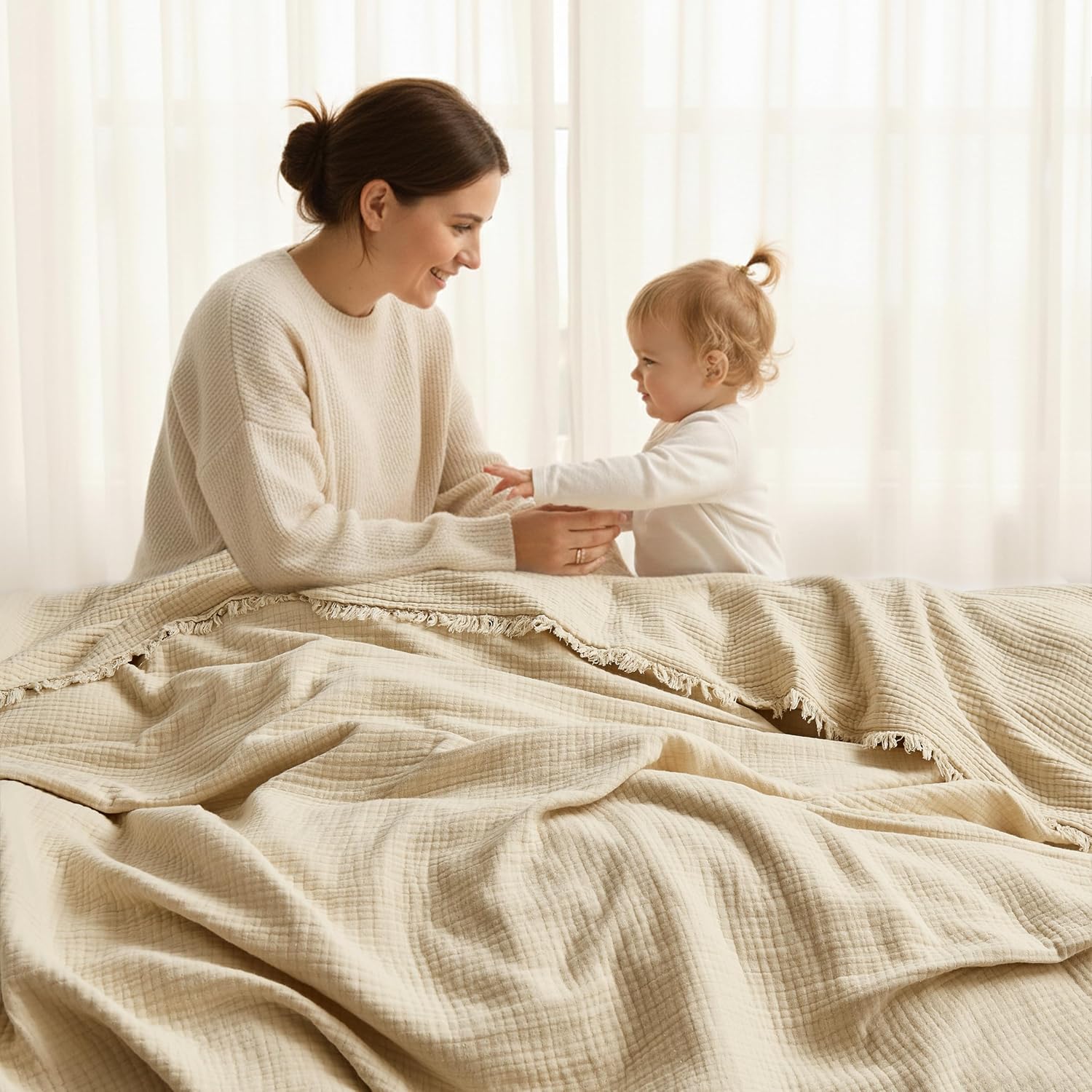 WDCOZY 100% Cotton Muslin Blanket King Size 4-Layer for Bed Breathable Lightweight Soft Large Boho Farmhouse Linen Tassels Ruffle Gauze Blankets All Season for Adults 108x90 Inches Beige Tan Neutral - Image 8