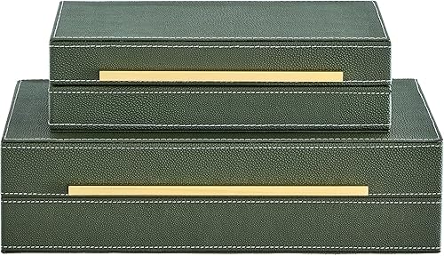 Green Shagreen - Juego de 2 cajas decorativas con tapas, cajas de almacenamiento apilables de cuero grandes para decoración del hogar, caja de