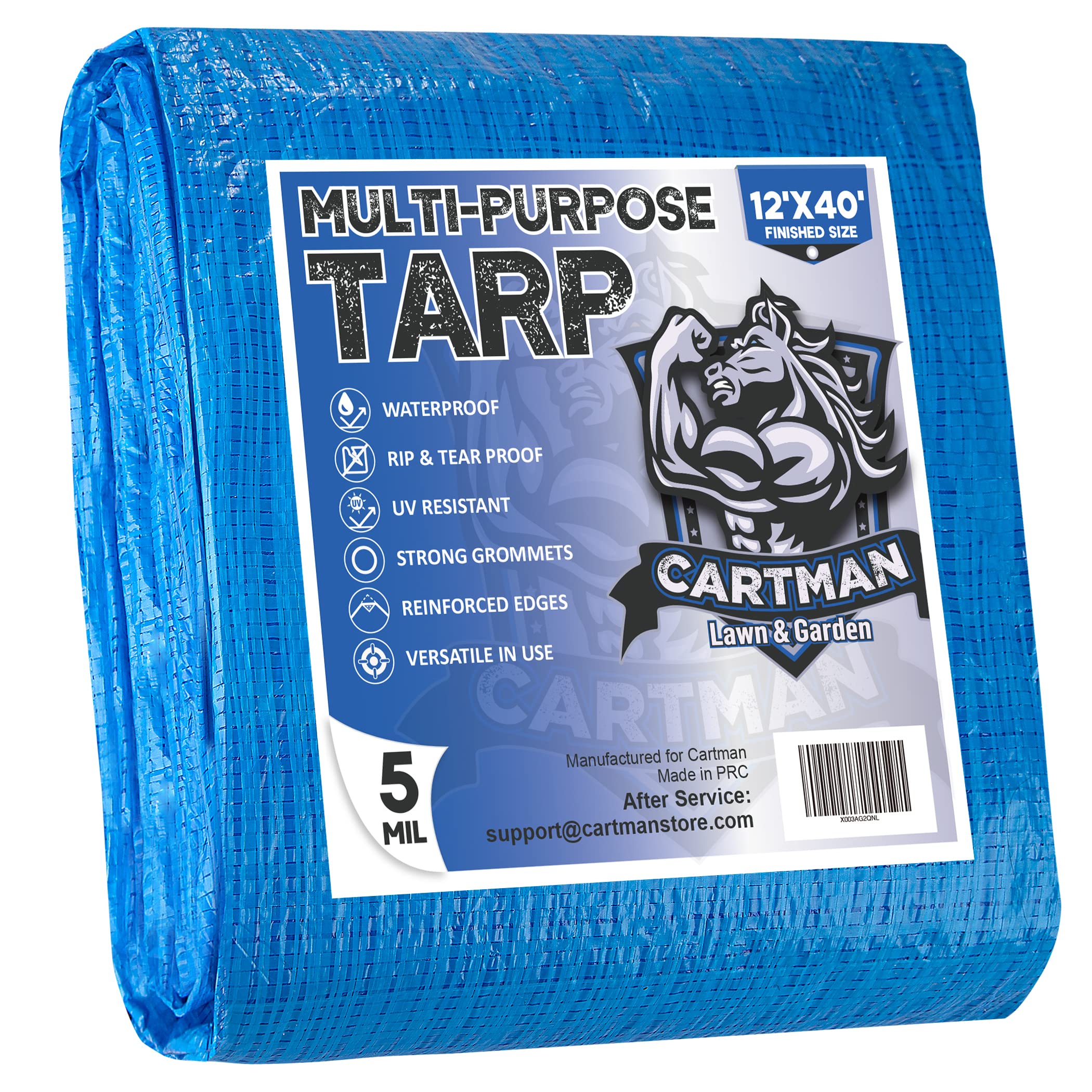 CARTMAN Finished Size 12x40 Feet Blue Poly Tarp 5 Mil Thick, Multipurpose Protective Cover for Camping, Tent, Boat, RV, Car