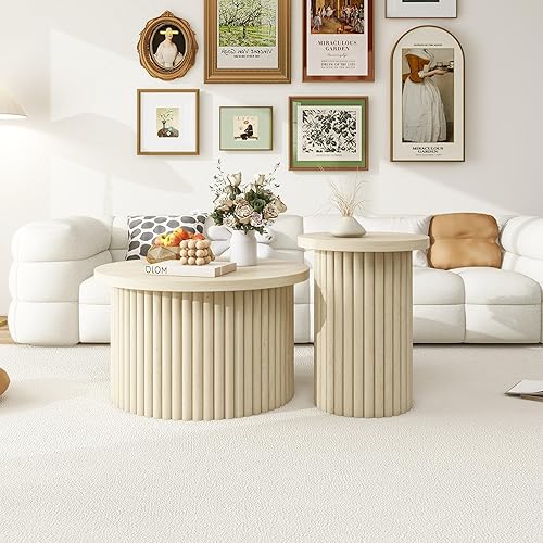 Miniatura 9 de Juego de 2 mesas auxiliares redondas de roble y mesa auxiliar, moderna de mediados de siglo, mesa central circular de madera para sala de estar,