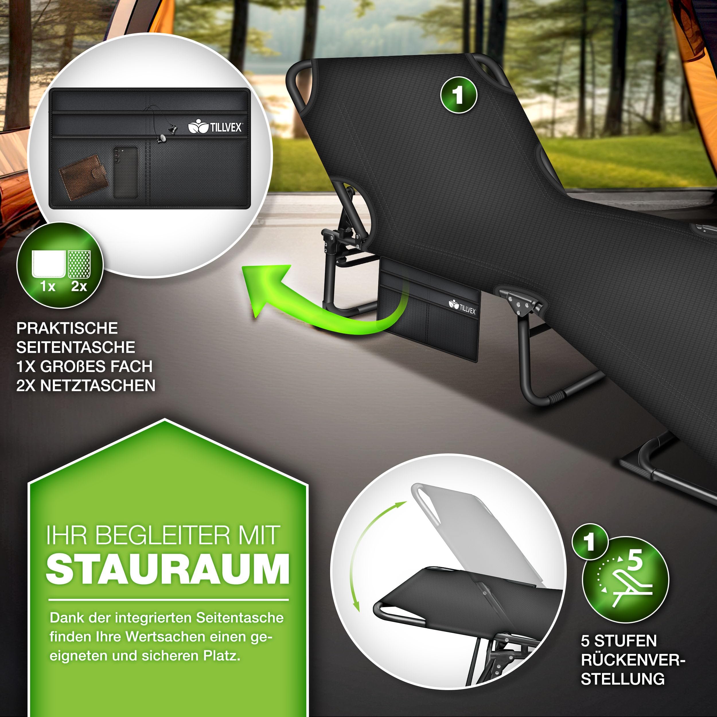 tillvex® Lit de camping pliable avec sac de transport et coussin de nuque - Charge maximale : 280 kg - Chaise longue de camping avec rembourrage - Pour l'extérieur et l'intérieur - Lit d'invité