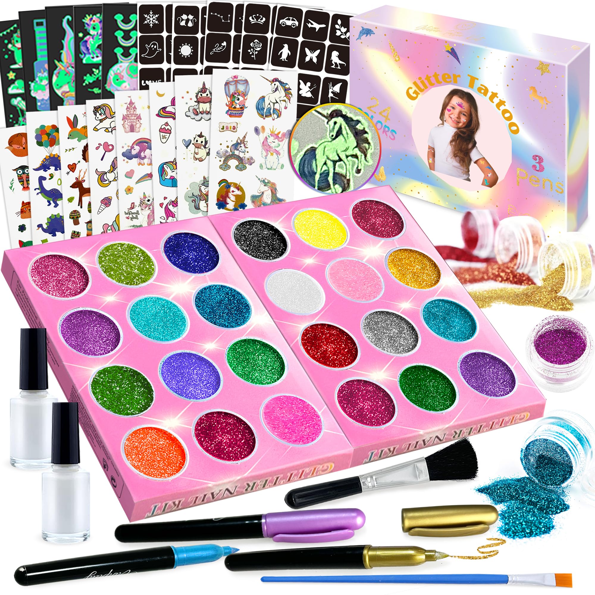 Lubibi Kit de Tatuajes Purpurina Temporales,Kit de Tatuajes Temporales Tattoo Purpurina Niñas,Tatuajes Purpurina Niños,24 Colores Purpurina,60 Plantillas,Regalo para Cumpleaños Niña,Fiestas,Carnaval